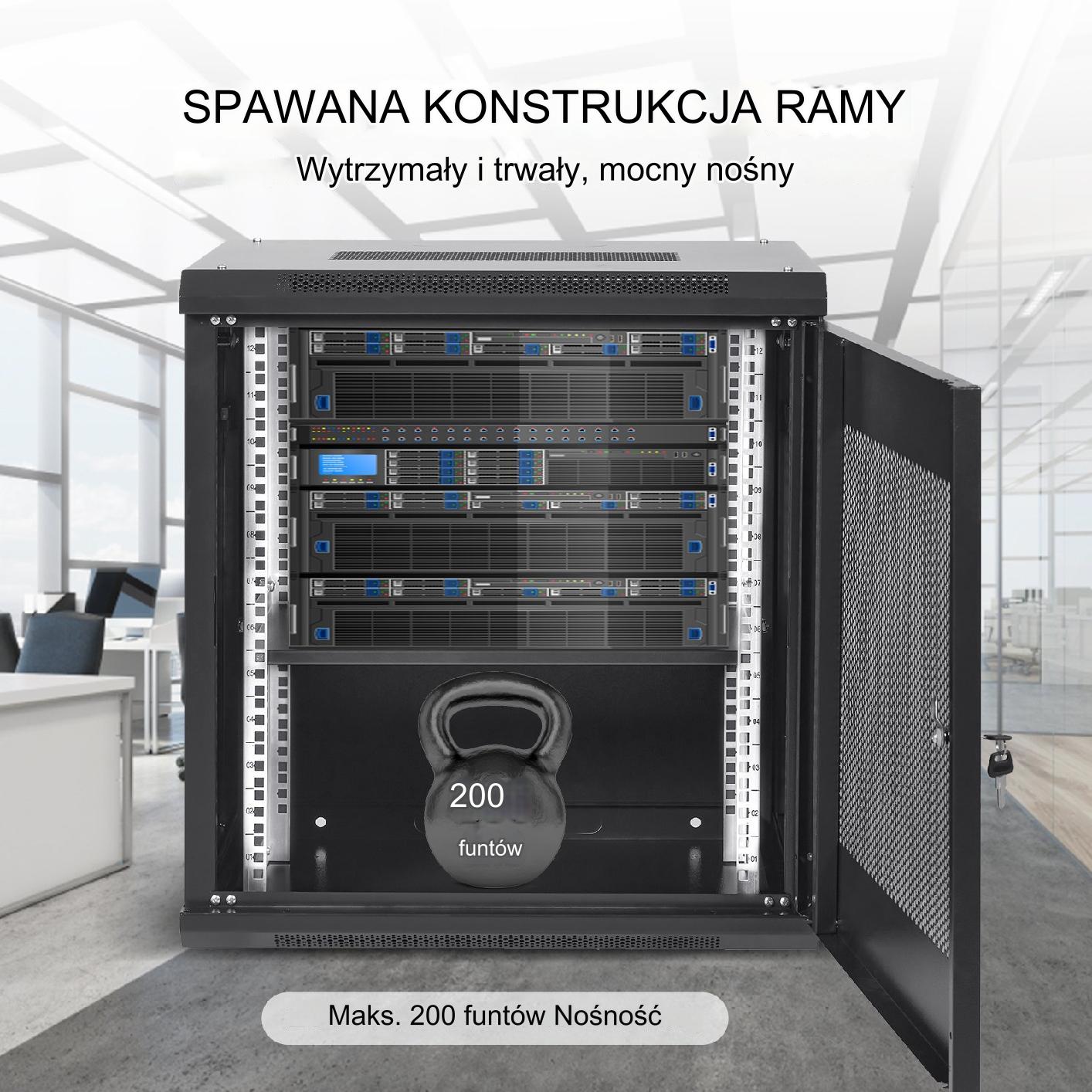 Szafa rack 12U ścienna 40cm głębokość 90kg drzwi na klucz IT serwer - obrazek 3