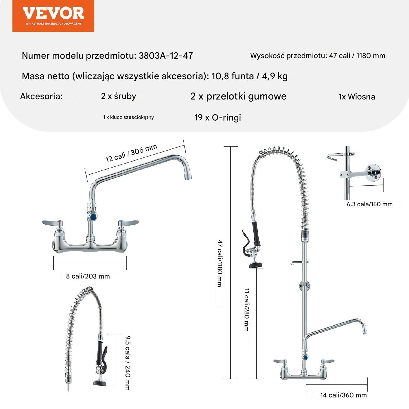 Komercyjna Bateria z Wylewką i Spryskiwaczem Pre-Rinse 1180 mm - obrazek 2