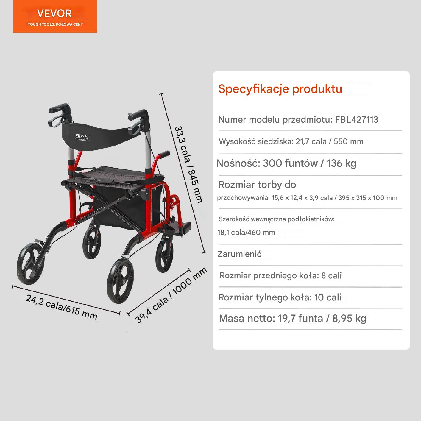 Wózek inwalidzki i Krzesło Transportowe 2 w 1 Czerwone - obrazek 2