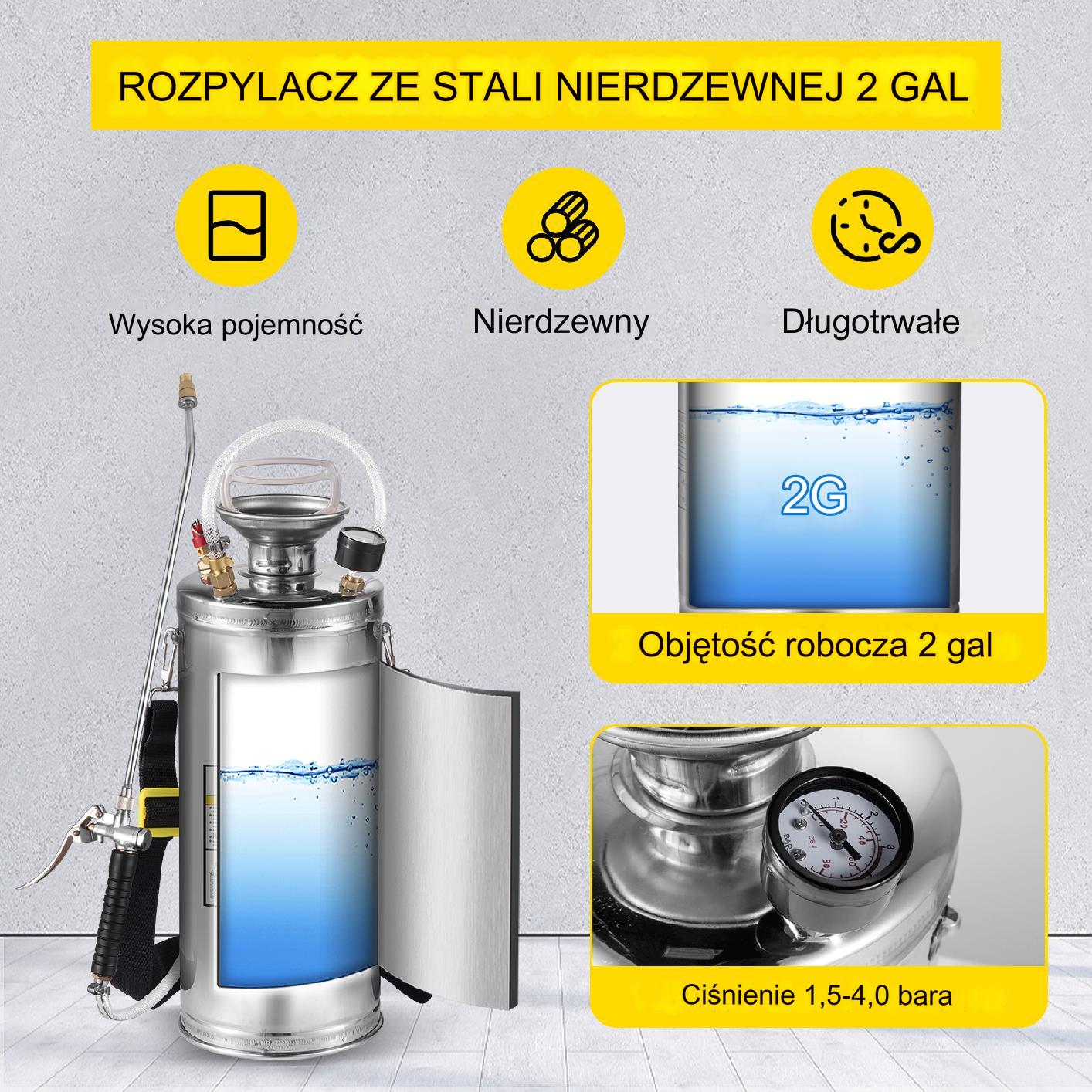 Opryskiwacz ciśnieniowy 7.5L nierdzewny ręczny ogród ochrona roślin - obrazek 3