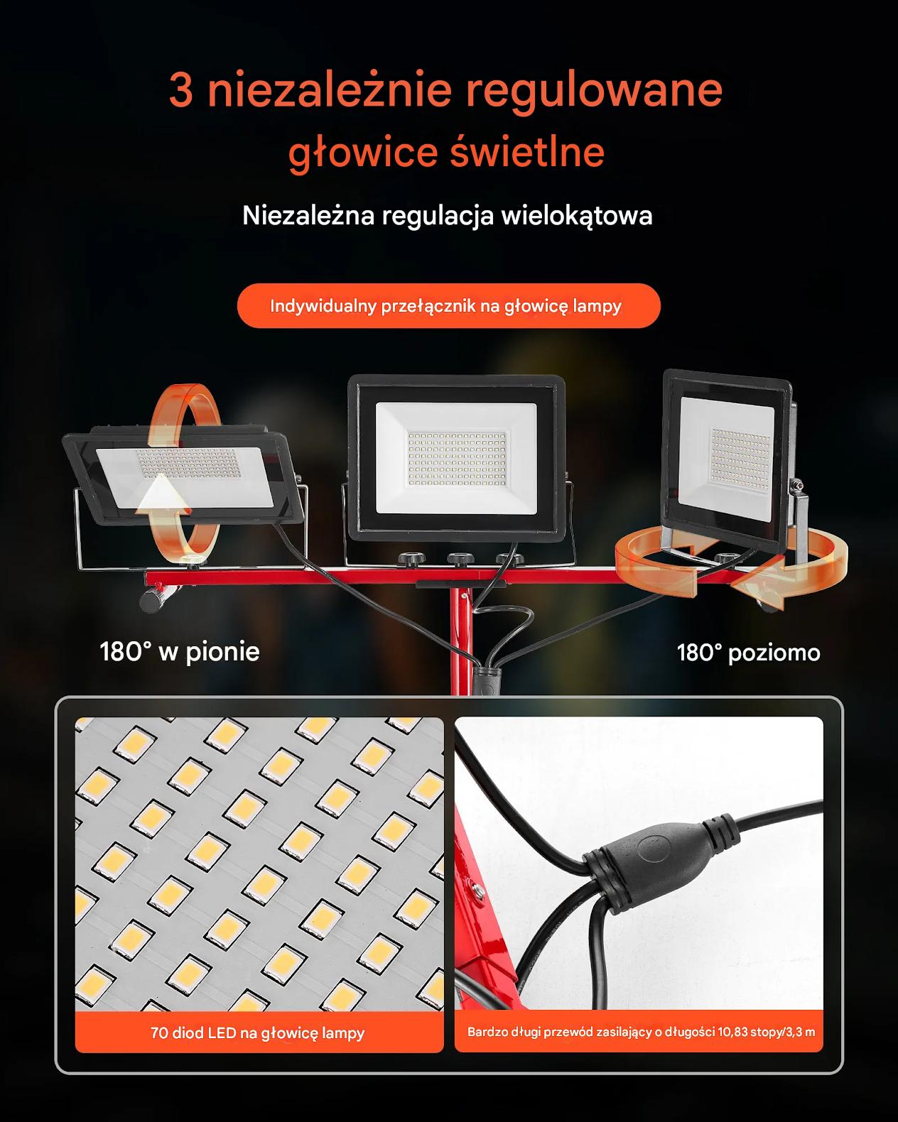 Lampa robocza LED 15000 lm na statywie 3 głowice IP65 budowa - obrazek 4