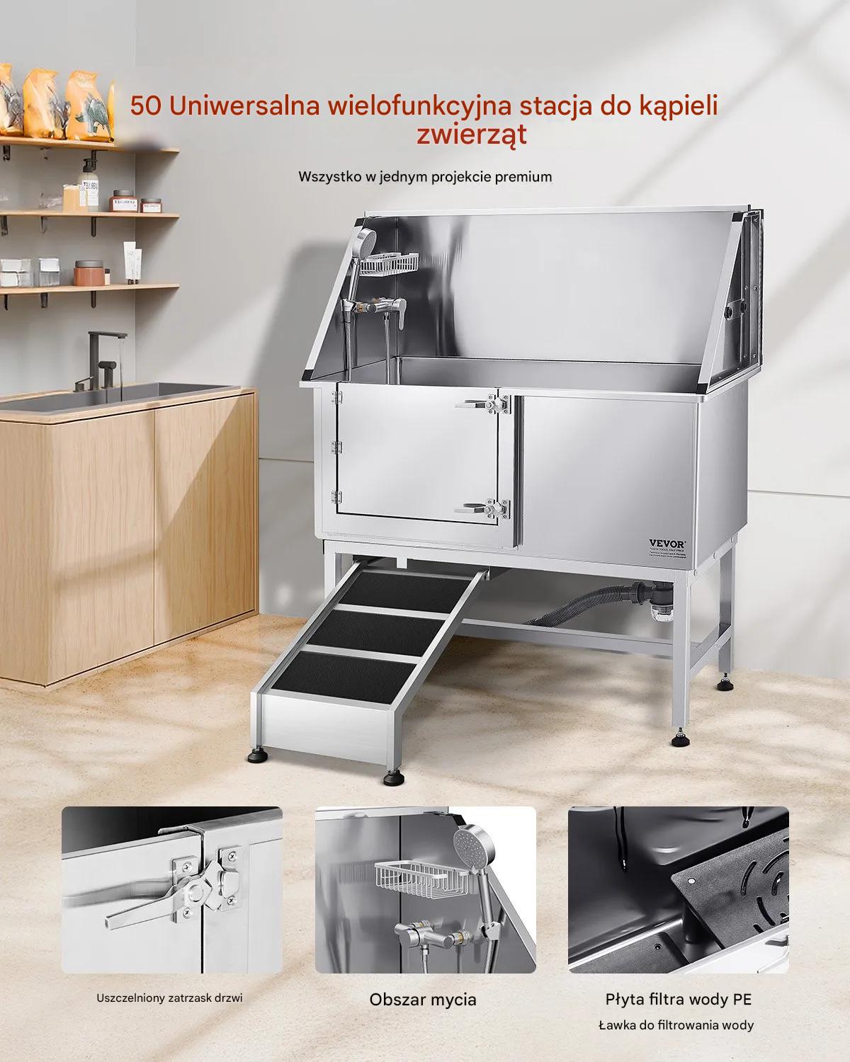 Wanna groomerska 127 cm stal nierdzewna rampa filtr prysznic drzwi lewe - obrazek 3