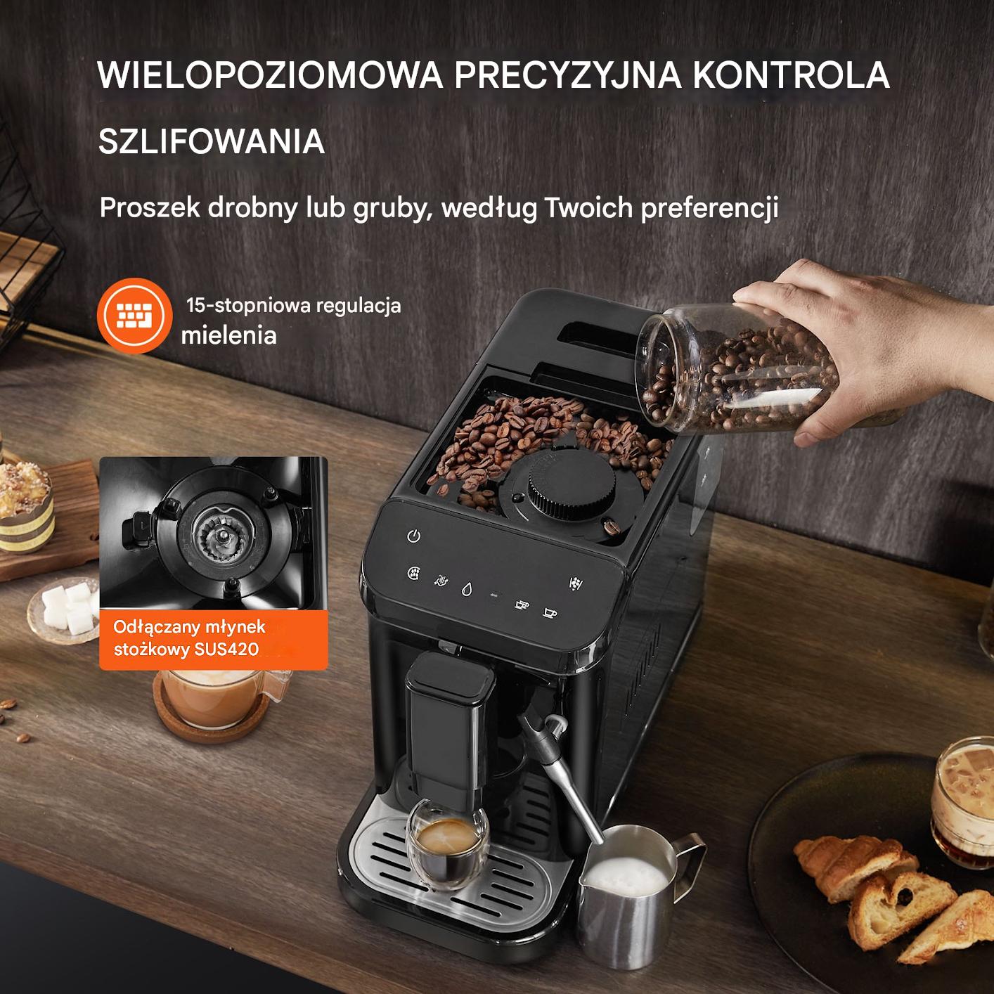 Automatyczny Ekspres do Kawy 20 Bar z Dyszą Pary i 15 Poziomami Mielenia - obrazek 3