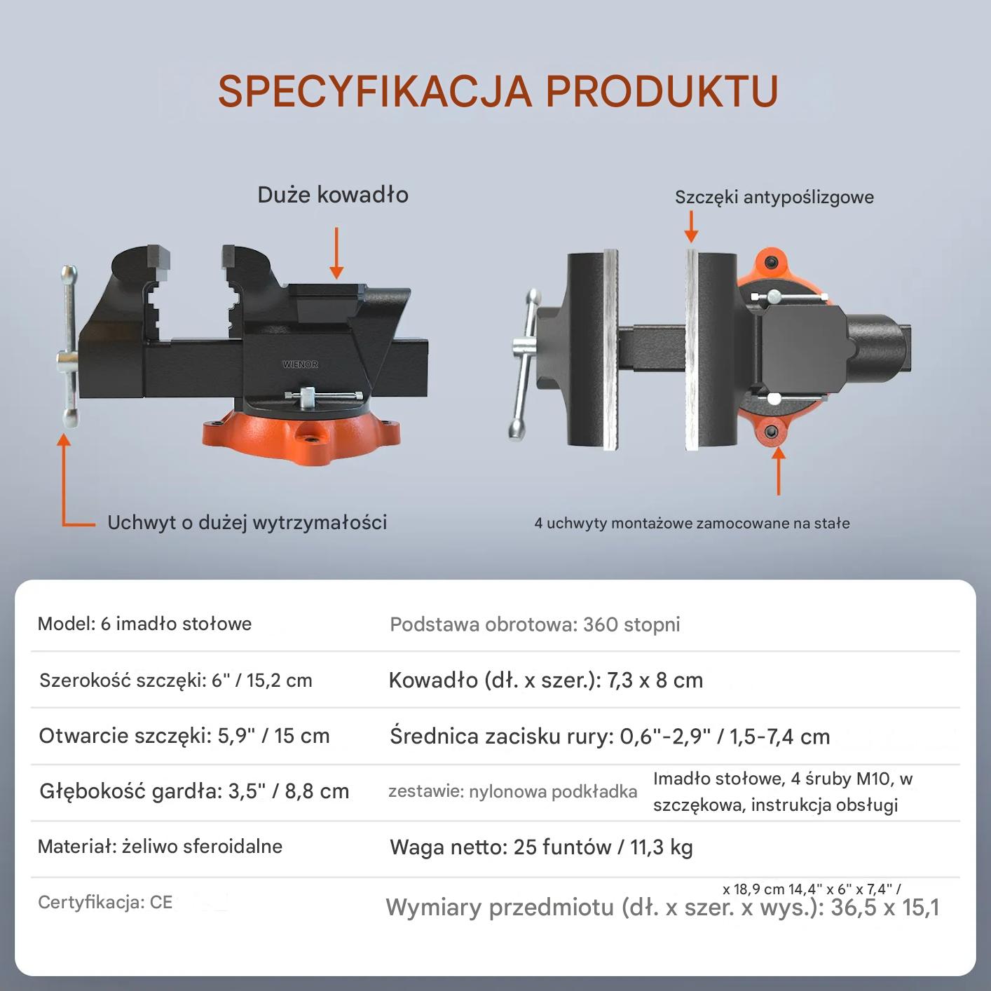 Imadło ślusarskie 150mm obrotowe 360° z kowadłem do warsztatu - obrazek 2