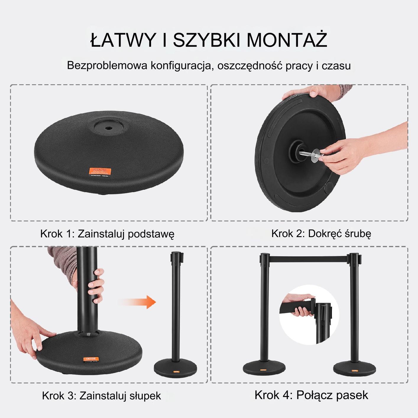 Słupki odgradzające hotelowe 6 sztuk z taśmą 2 m barierka kolejkowa czarne - obrazek 7