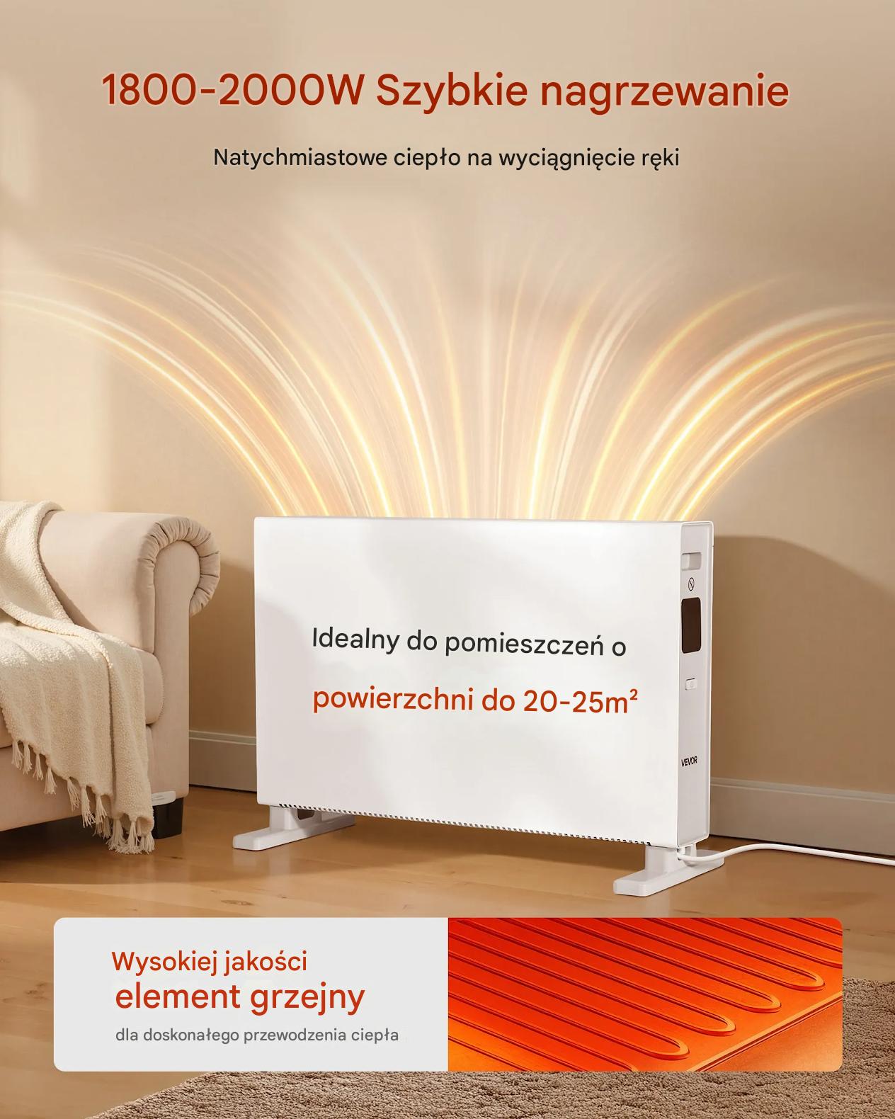 Grzejnik konwektorowy 2000W panelowy 3 tryby pilot – ściana/podłoga - obrazek 3