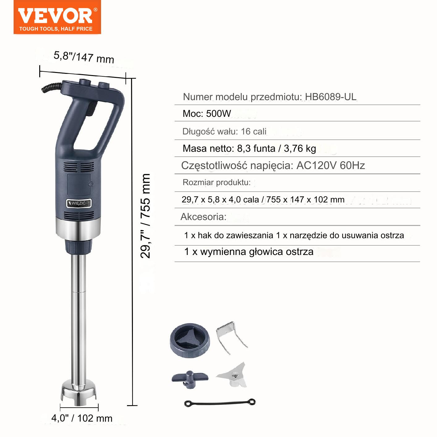 Blender ręczny mikser gastronomiczny 500W - obrazek 2