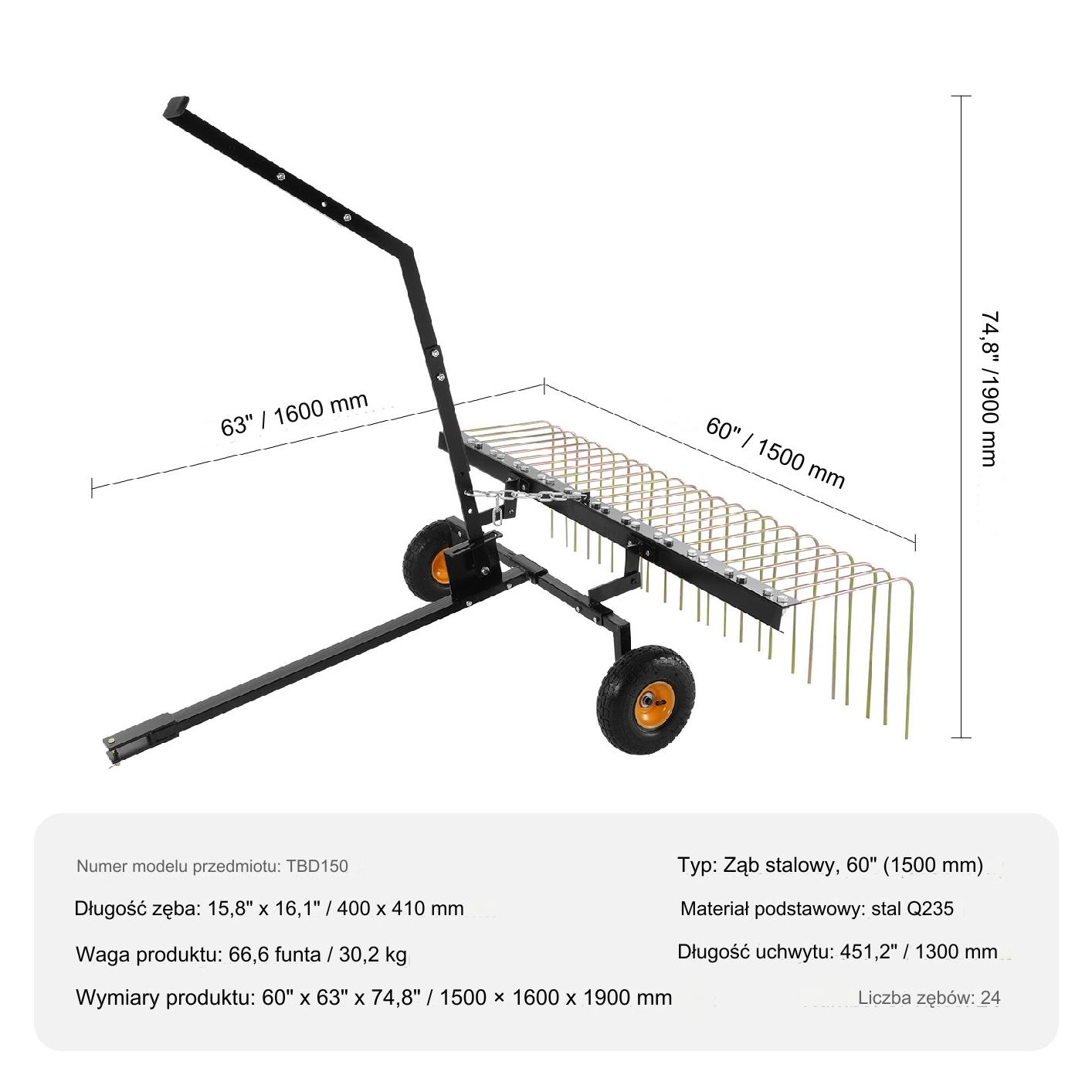 Wertykulator ciągniony 152 cm do traktorka kosiarki ATV 24 zęby - obrazek 2