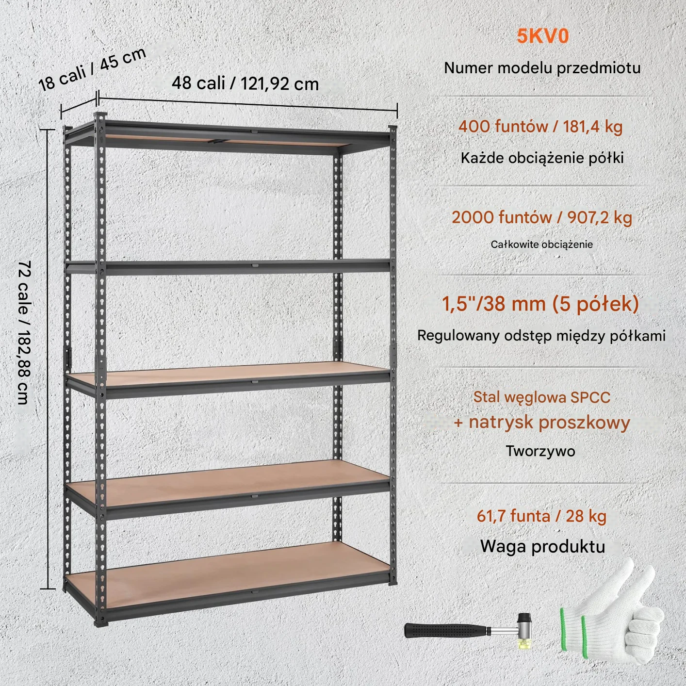 Regał Warsztatowy Magazynowy 5-Półkowy Stalowy Regulacja Półek 907 kg - obrazek 2