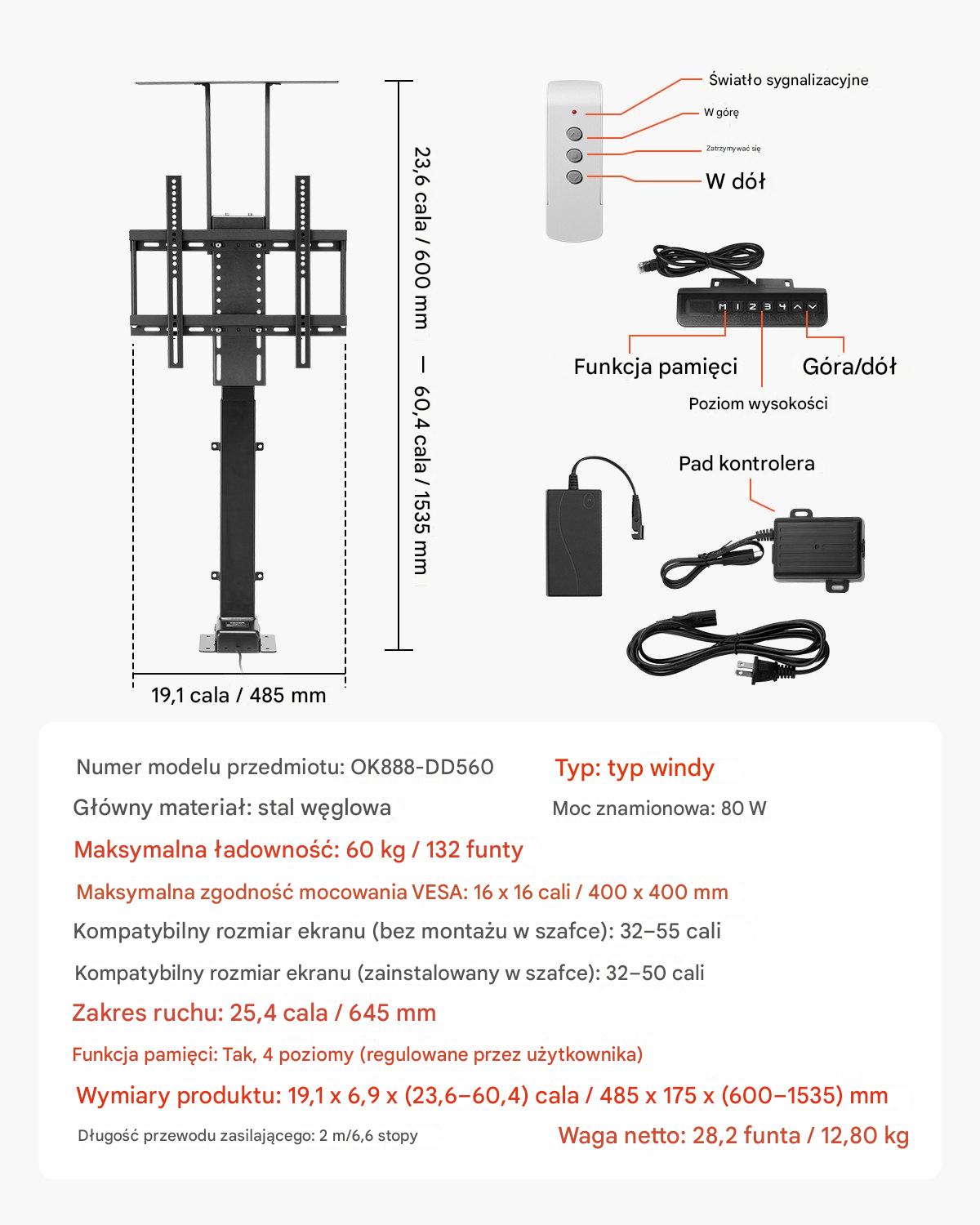 Uchwyt TV podłogowy 32–55" elektryczny lift stand regulowany z pilotem - obrazek 2