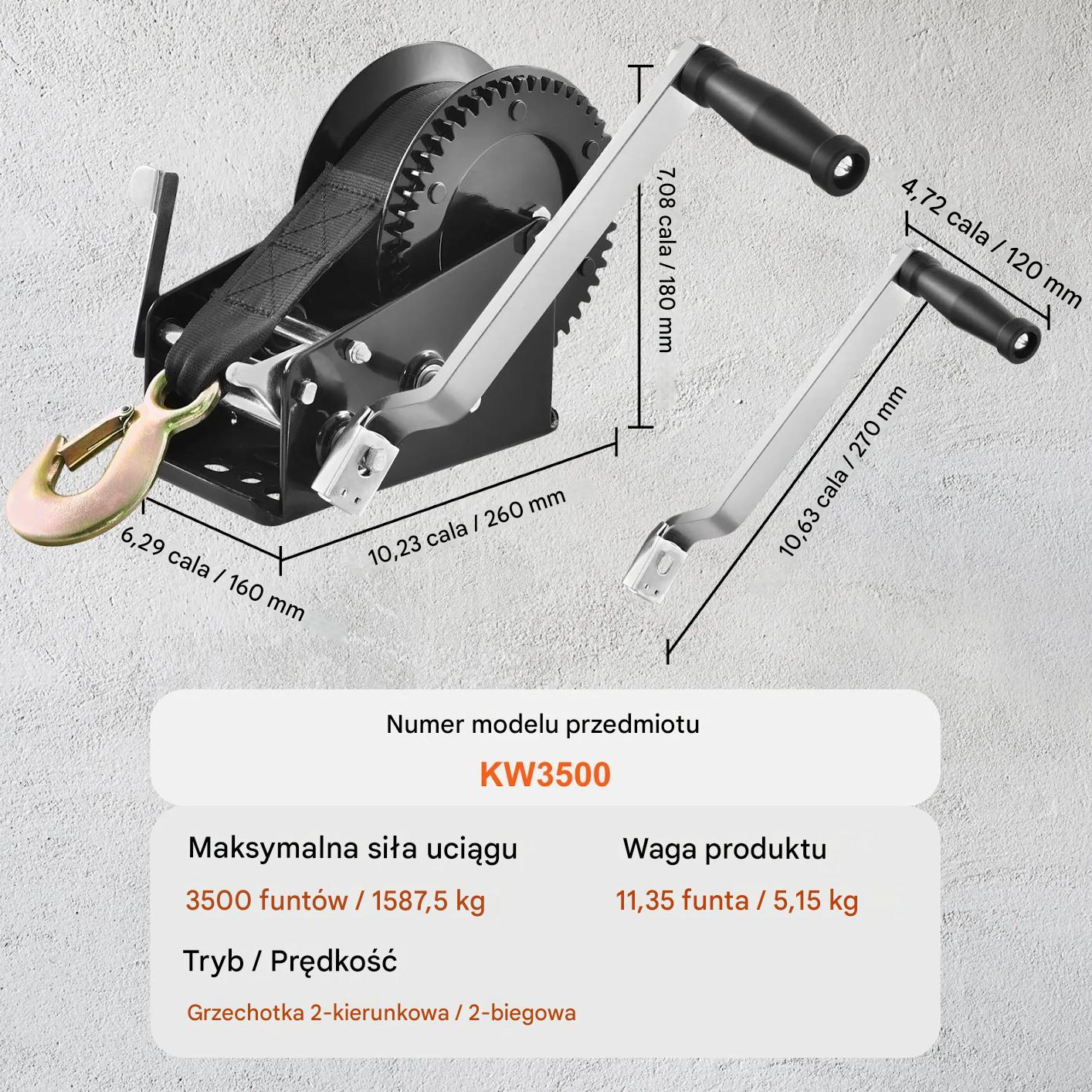 Wyciągarka ręczna 1600 kg z pasem dwukierunkowa do przyczepy łodzi - obrazek 2