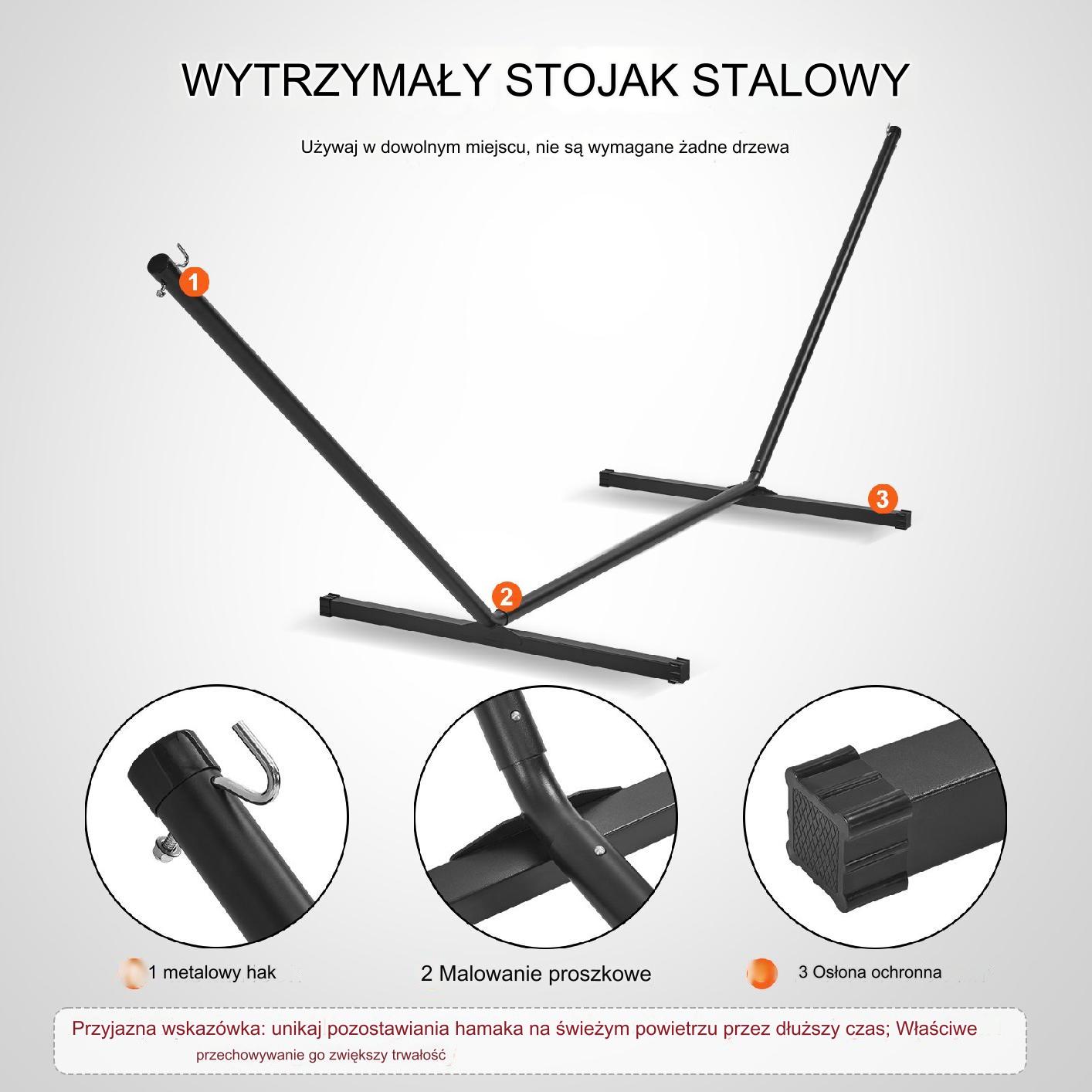 Hamak ogrodowy ze stelażem i drążkiem duży mocny dwuosobowy szary - obrazek 4