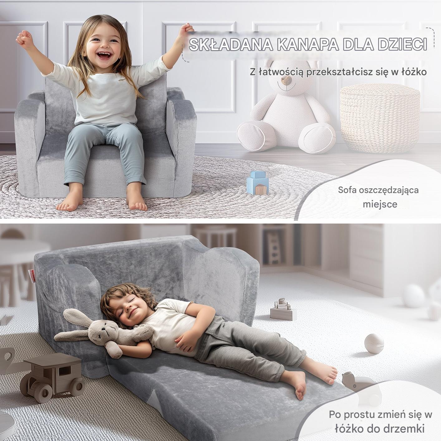 Fotelik dziecięcy składany 2w1 – kanapa sofa dla dzieci szara - obrazek 3