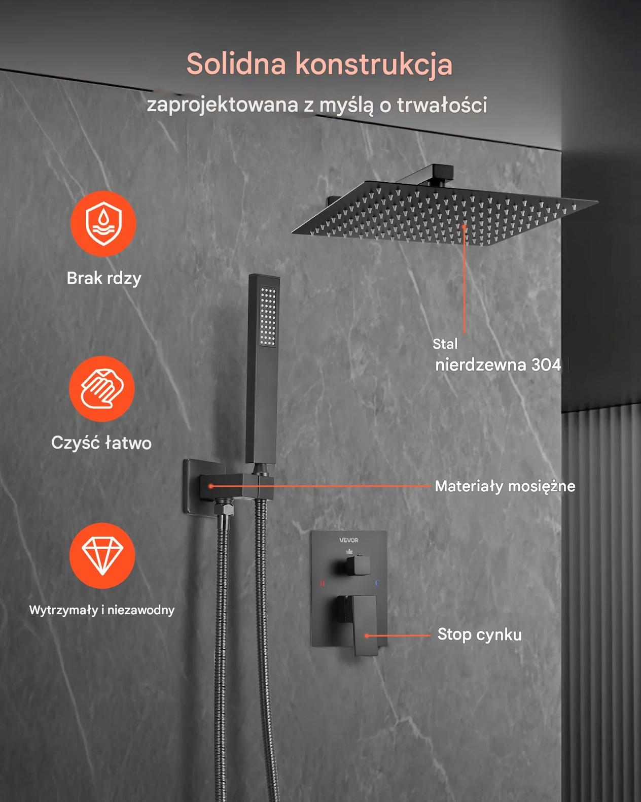Zestaw prysznicowy deszczowy 20 cm kwadratowy z baterią ścienny czarny mat - obrazek 3