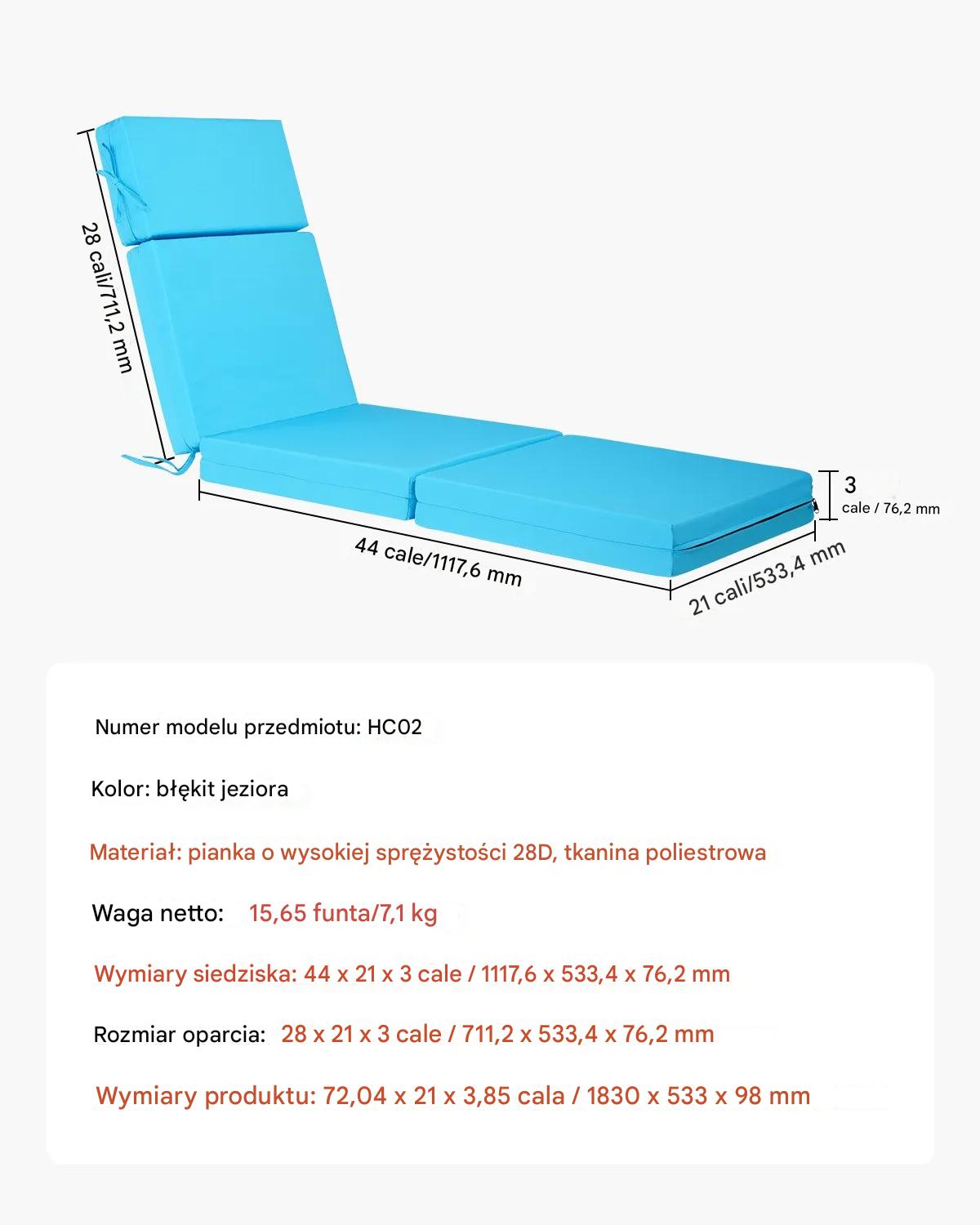 Poduszki błękitne na leżak ogrodowy 2szt 183x53 cm wodoodporne basen taras - obrazek 2