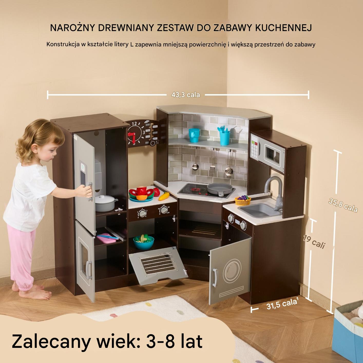 Zestaw kuchenny dla dzieci 24 akcesoria brązowy drewniany z blatem - obrazek 6