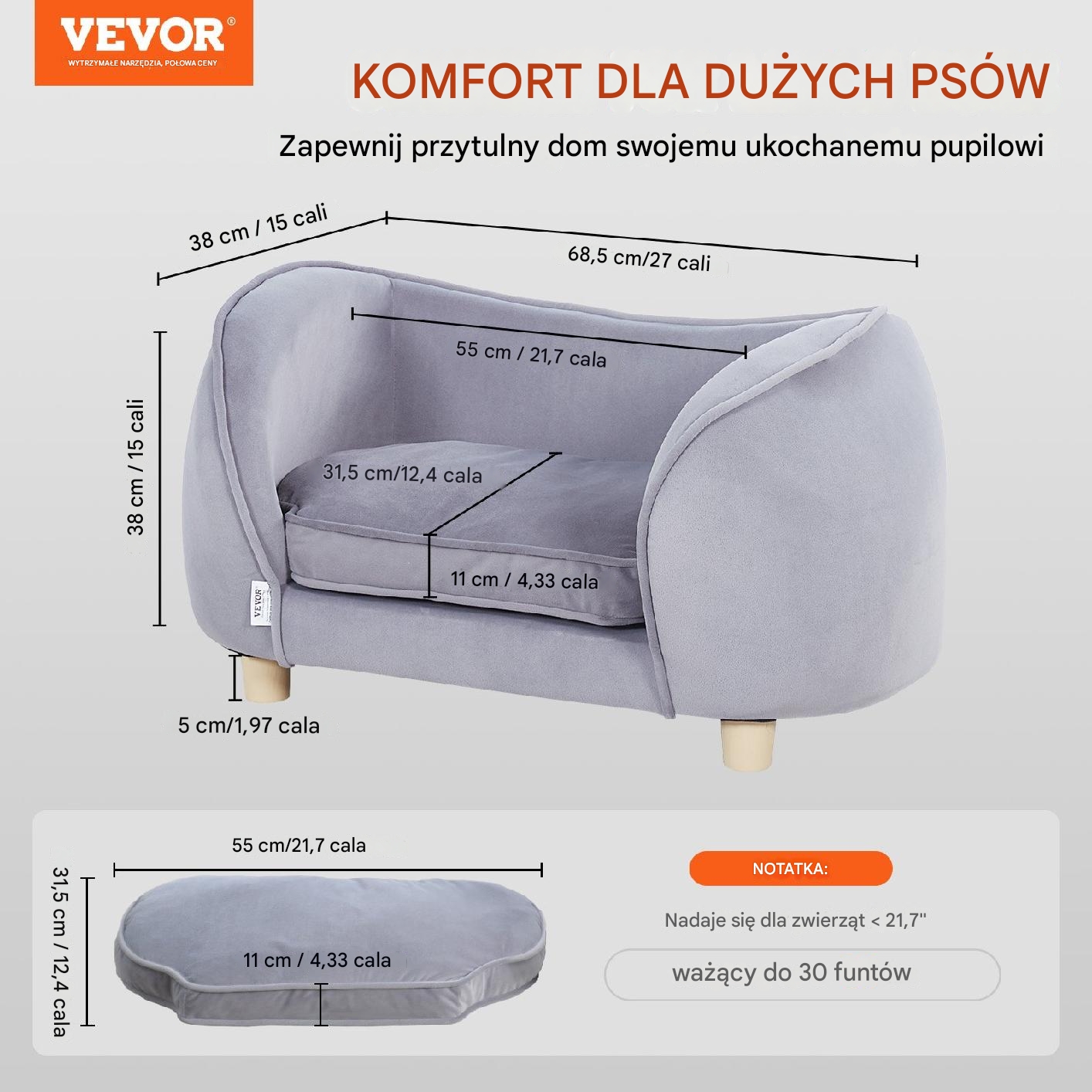 Sofa Kanapa dla Psów i Kotów Szara - obrazek 3