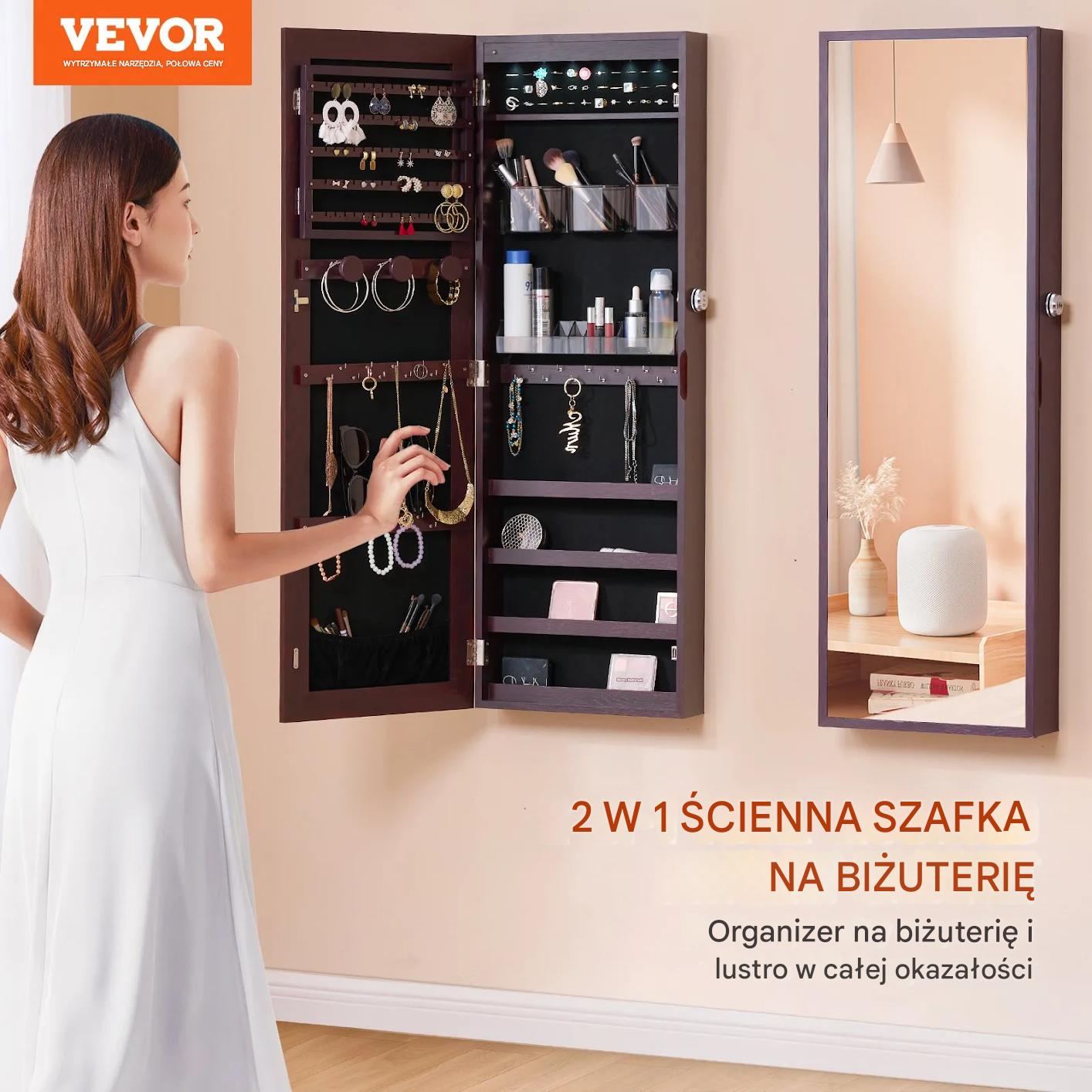 Szafa na biżuterię z lustrem LED 108cm montaż ścienny zamykana brązowa - obrazek 3