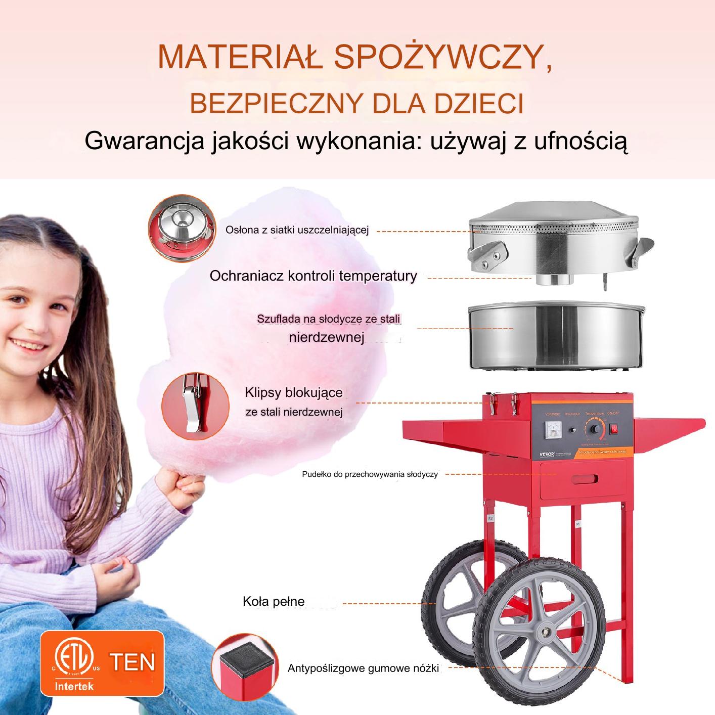 Różowa maszyna do waty cukrowej mobilna z wózkiem 1000W na kółkach - obrazek 4