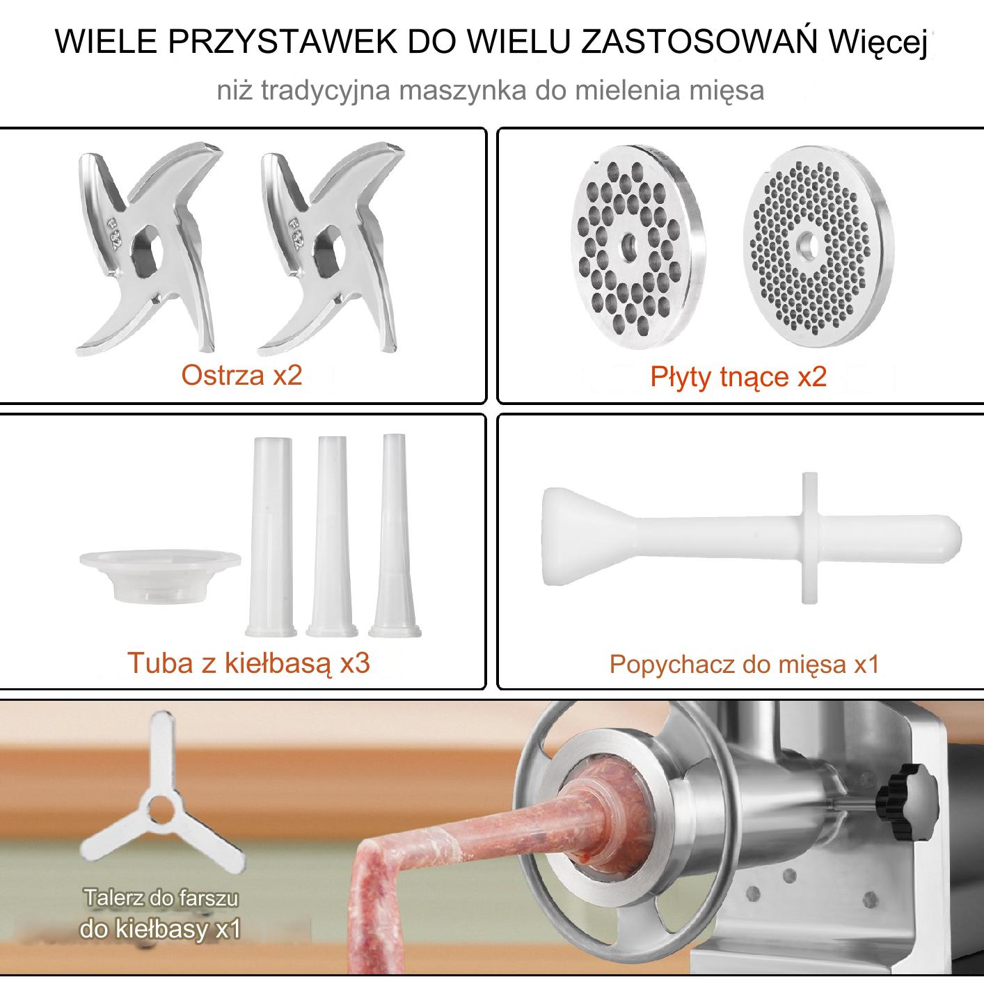 Elektryczna Maszynka do Mielenia Mięsa 1100 W i Nadziewarka do KIełbasy - obrazek 4