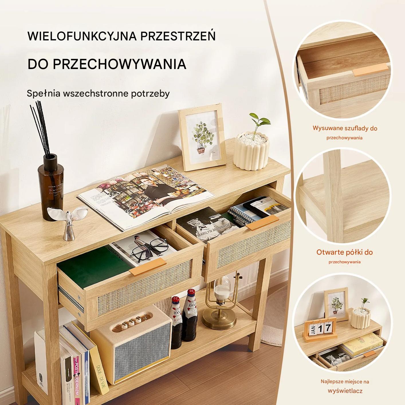 Stolik konsola do przedpokoju korytarza rattan ciemna 2 szuflady - obrazek 4