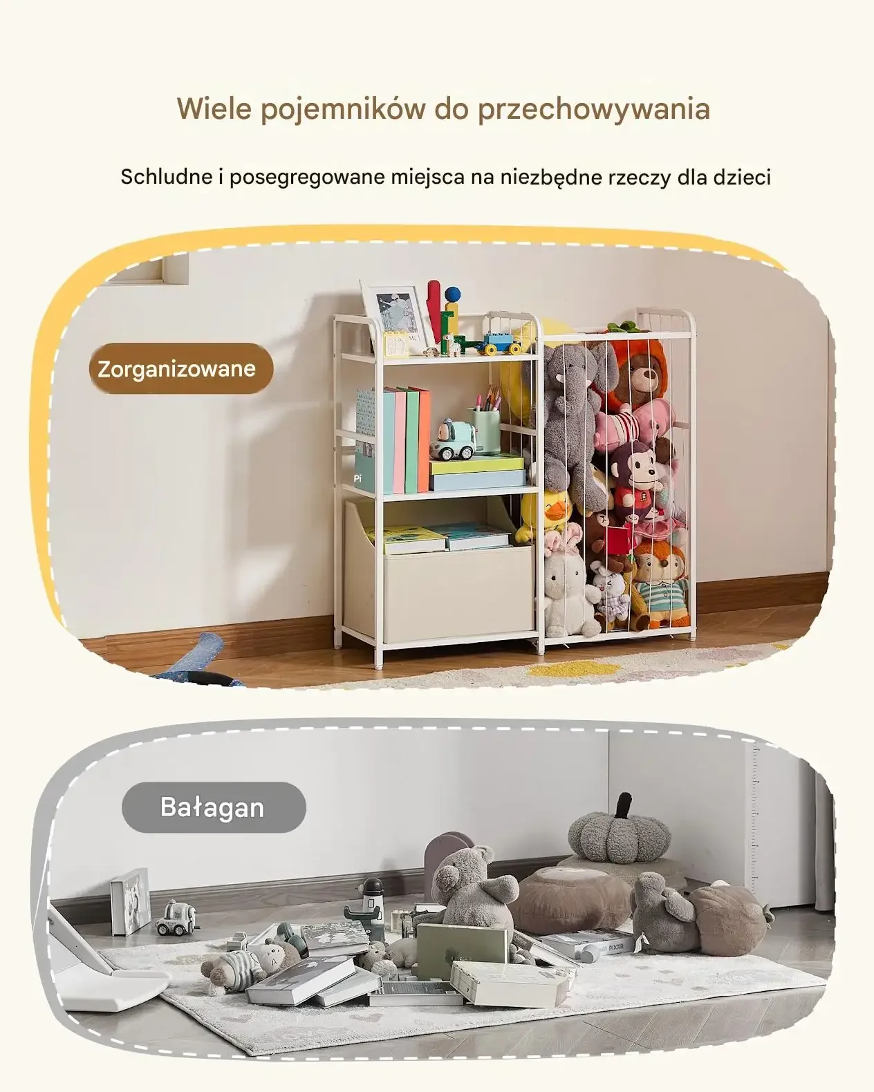 Regał na zabawki dla dzieci 2 poziomy kosz organizer książki pluszaki biały - obrazek 2