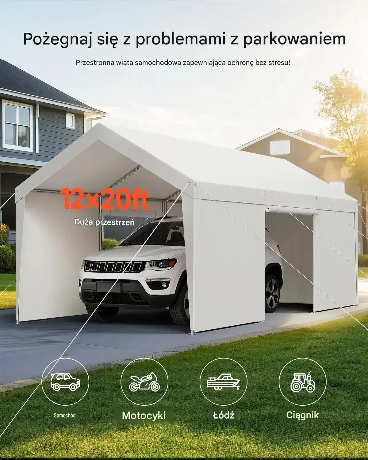 Namiot garażowy carport 3.6 m 6 m biały mocna wiata wodoodporna premium - obrazek 2