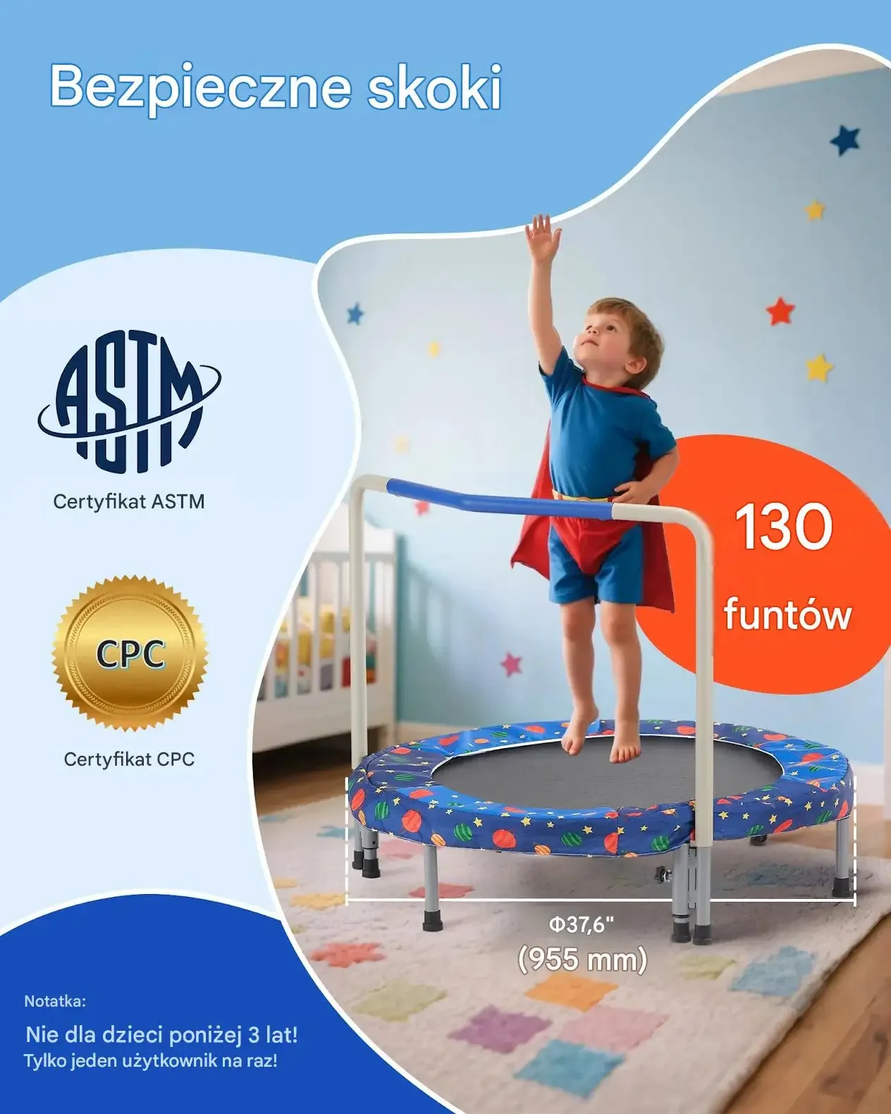 Trampolina dziecięca 95,5 cm składana z uchwytem do domu i ogrodu - obrazek 2