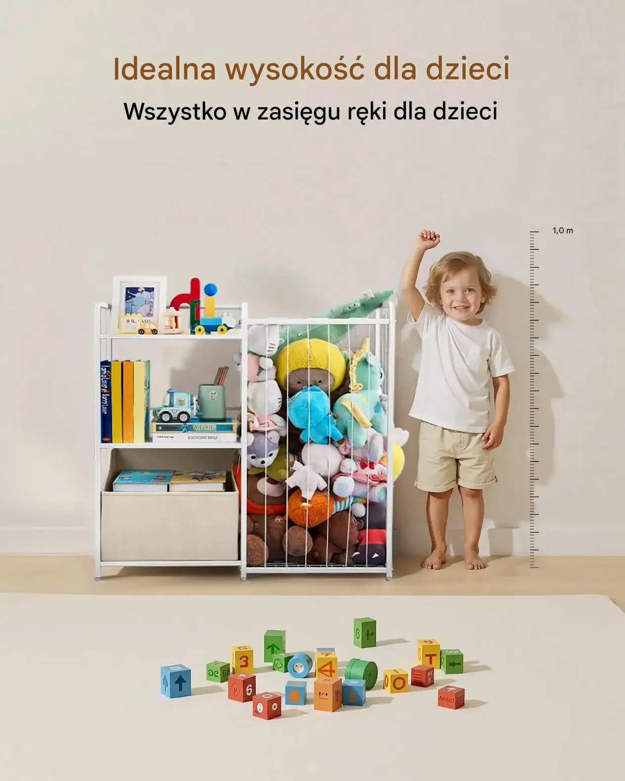 Regał na zabawki dla dzieci 2 poziomy kosz organizer książki pluszaki biały - obrazek 5
