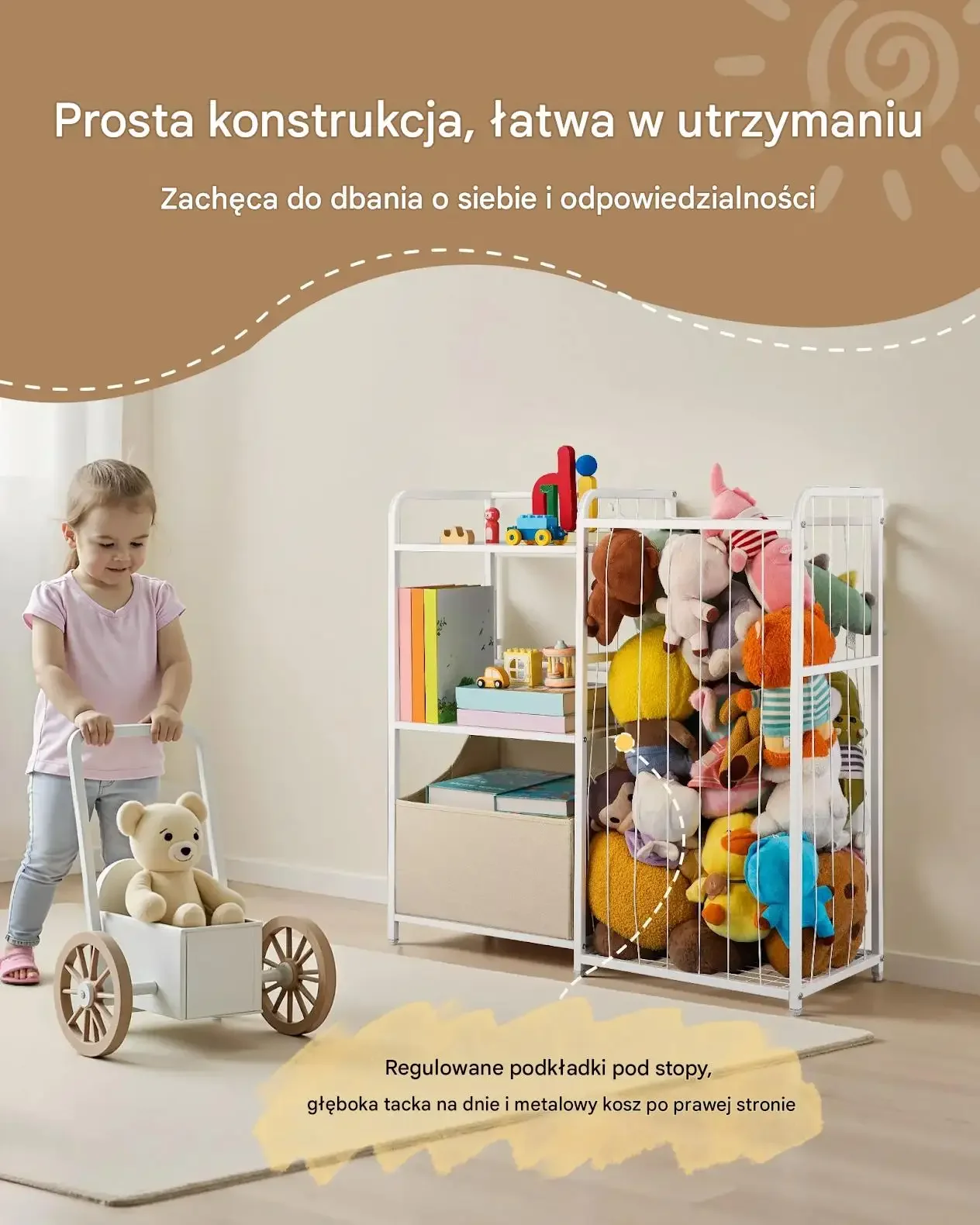 Regał na zabawki dla dzieci 2 poziomy kosz organizer książki pluszaki biały - obrazek 4