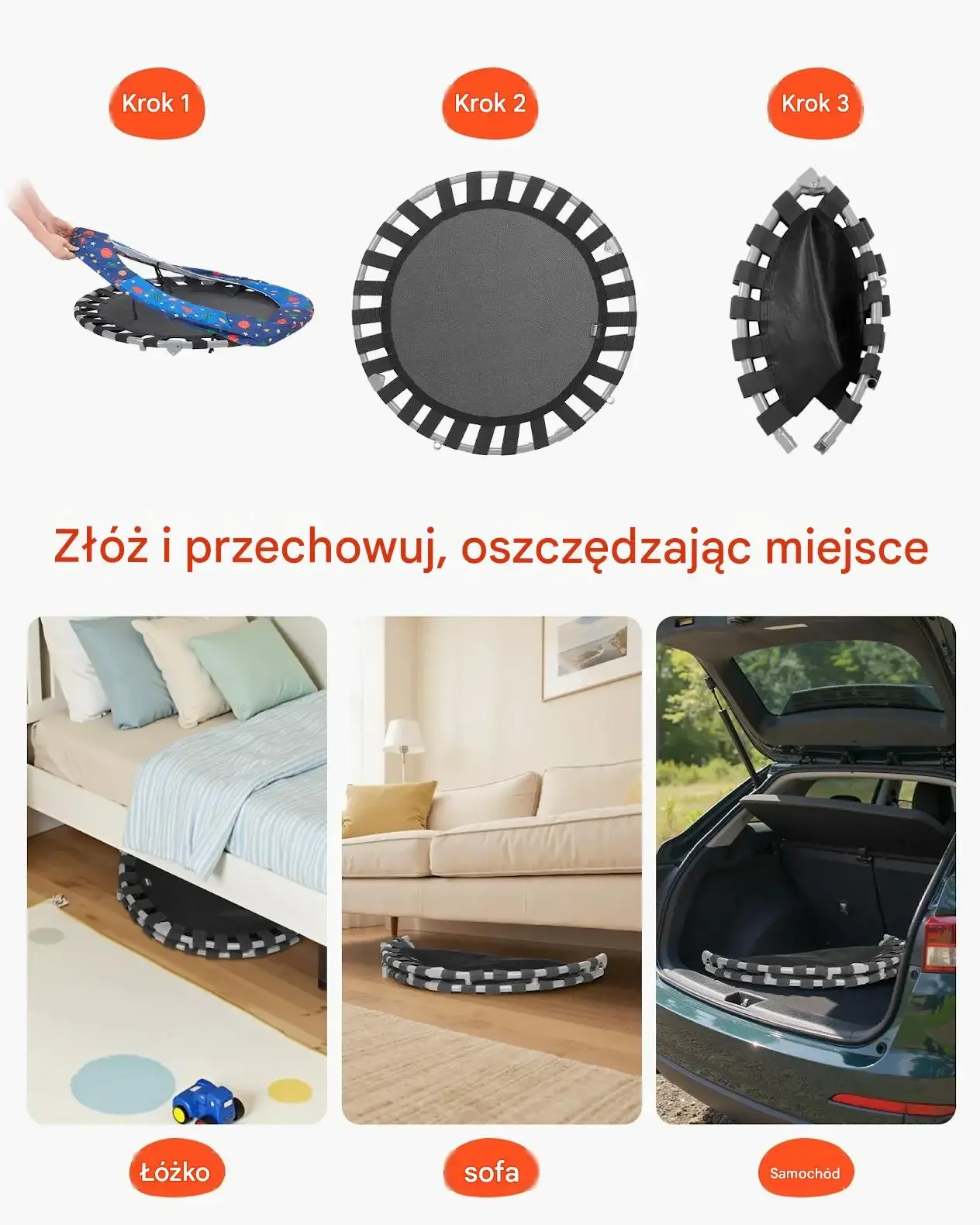 Trampolina dziecięca 95,5 cm składana z uchwytem do domu i ogrodu - obrazek 5