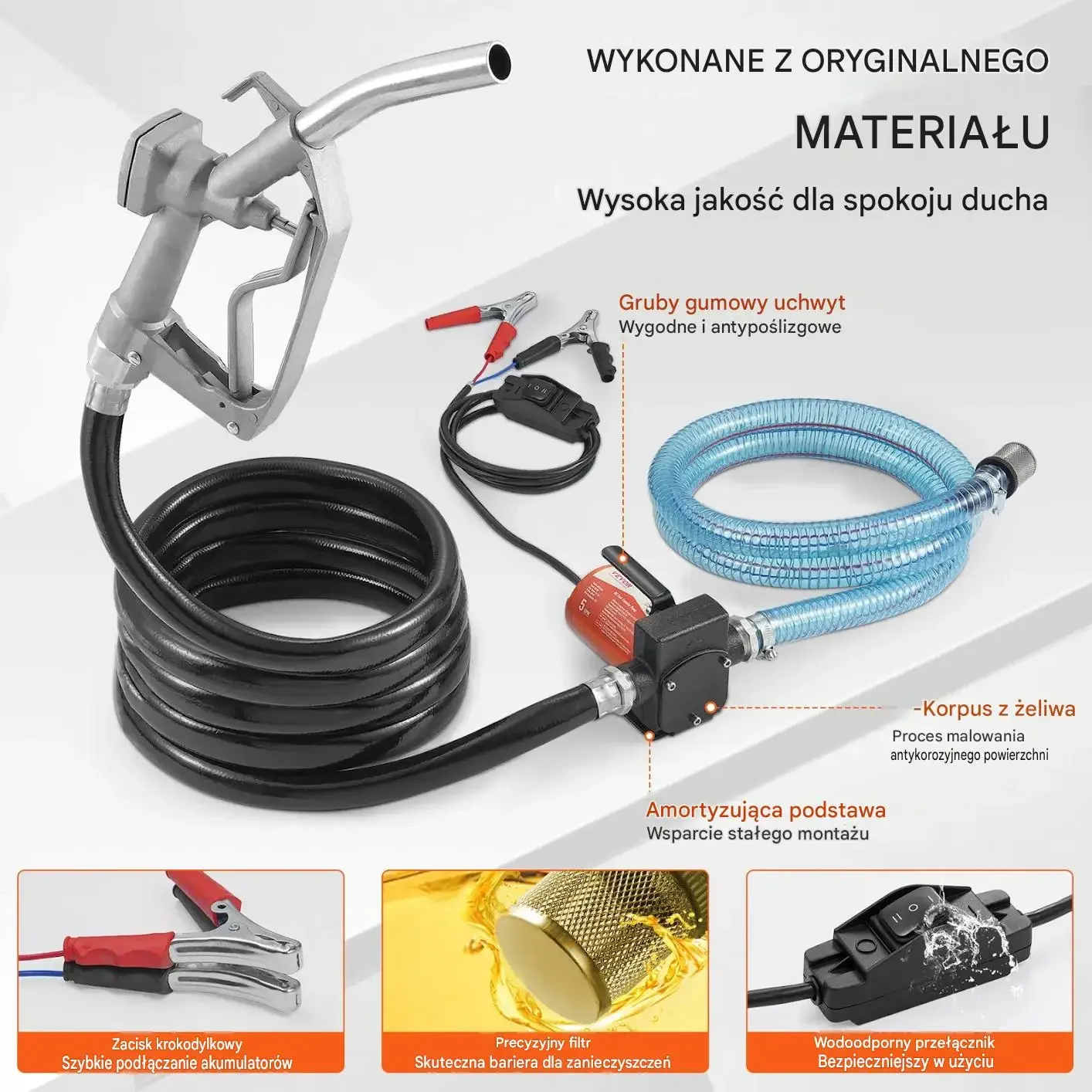 Pompa paliwa diesel benzyny 12 V mocna czarna 75 W 19 L automat pistolet - obrazek 4
