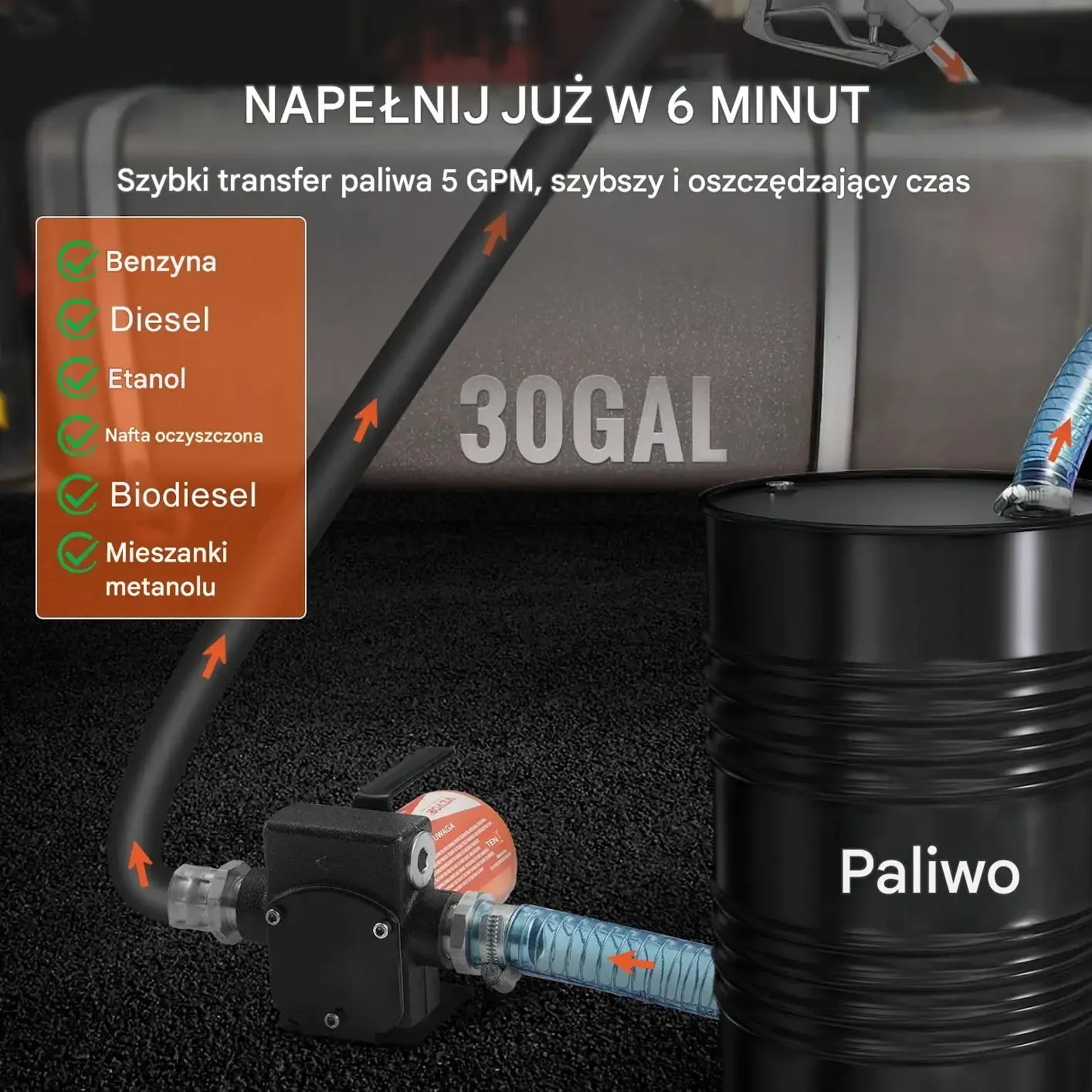Pompa paliwa diesel benzyny 12 V mocna czarna 75 W 19 L automat pistolet - obrazek 3