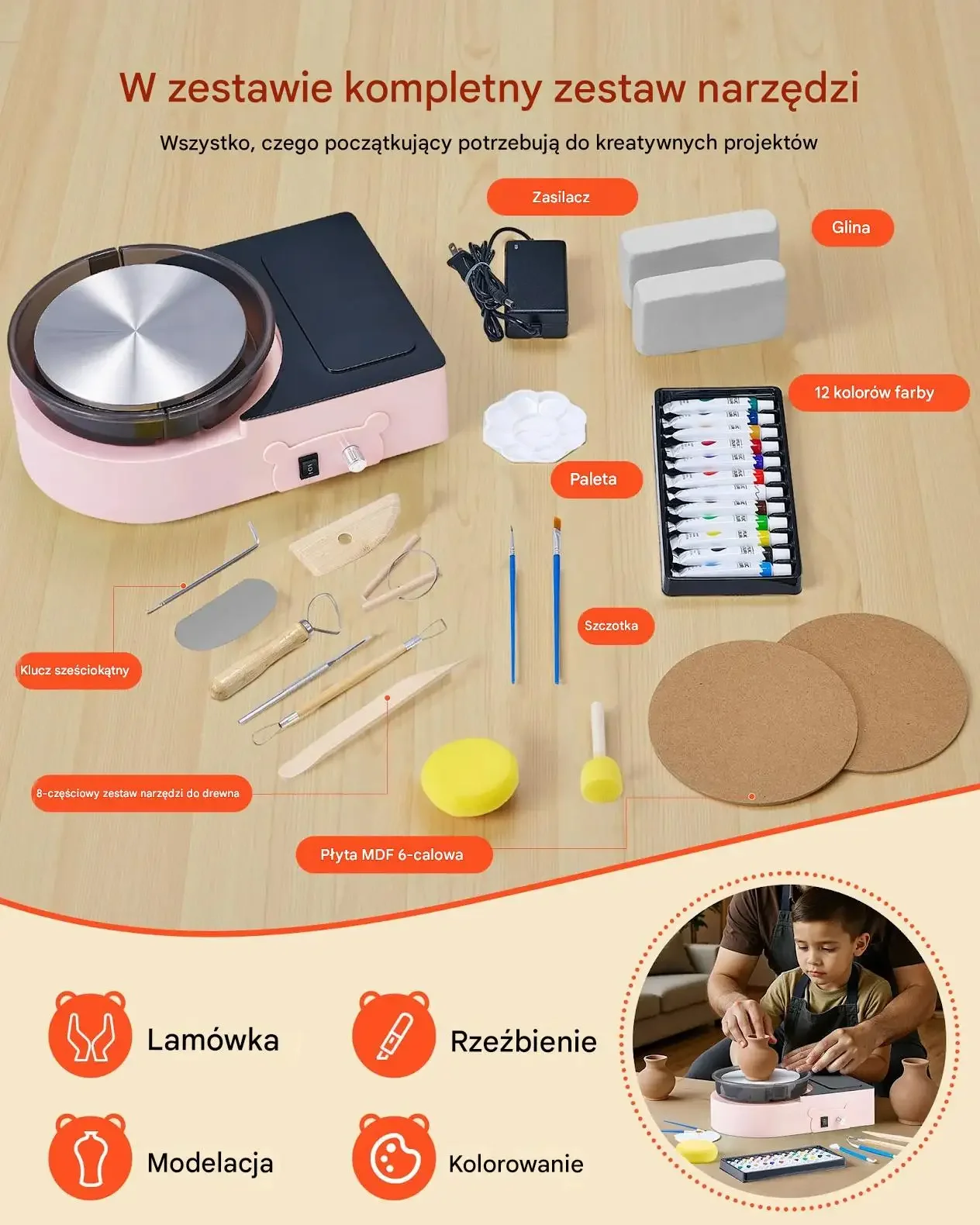 Koło garncarskie mini 158 mm regulacja obrotów rewers ceramika DIY różowe - obrazek 5