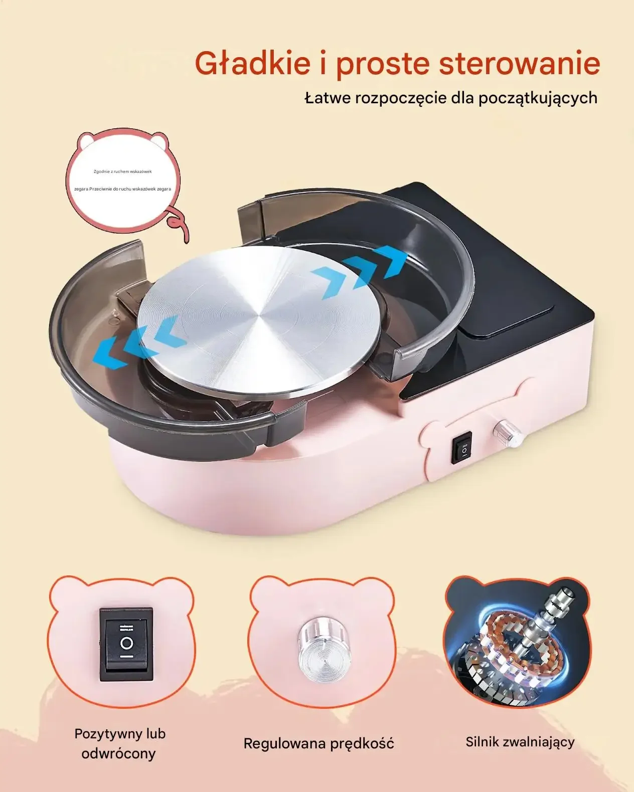 Koło garncarskie mini 158 mm regulacja obrotów rewers ceramika DIY różowe - obrazek 2