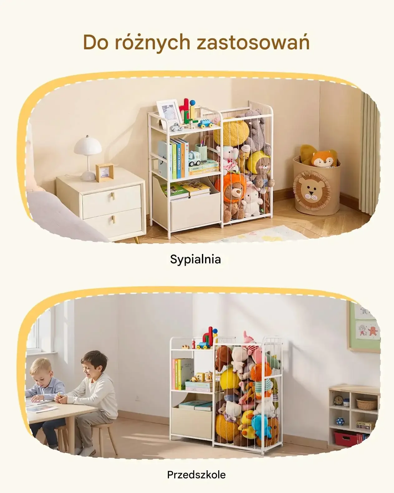 Regał na zabawki dla dzieci 2 poziomy kosz organizer książki pluszaki biały - obrazek 3