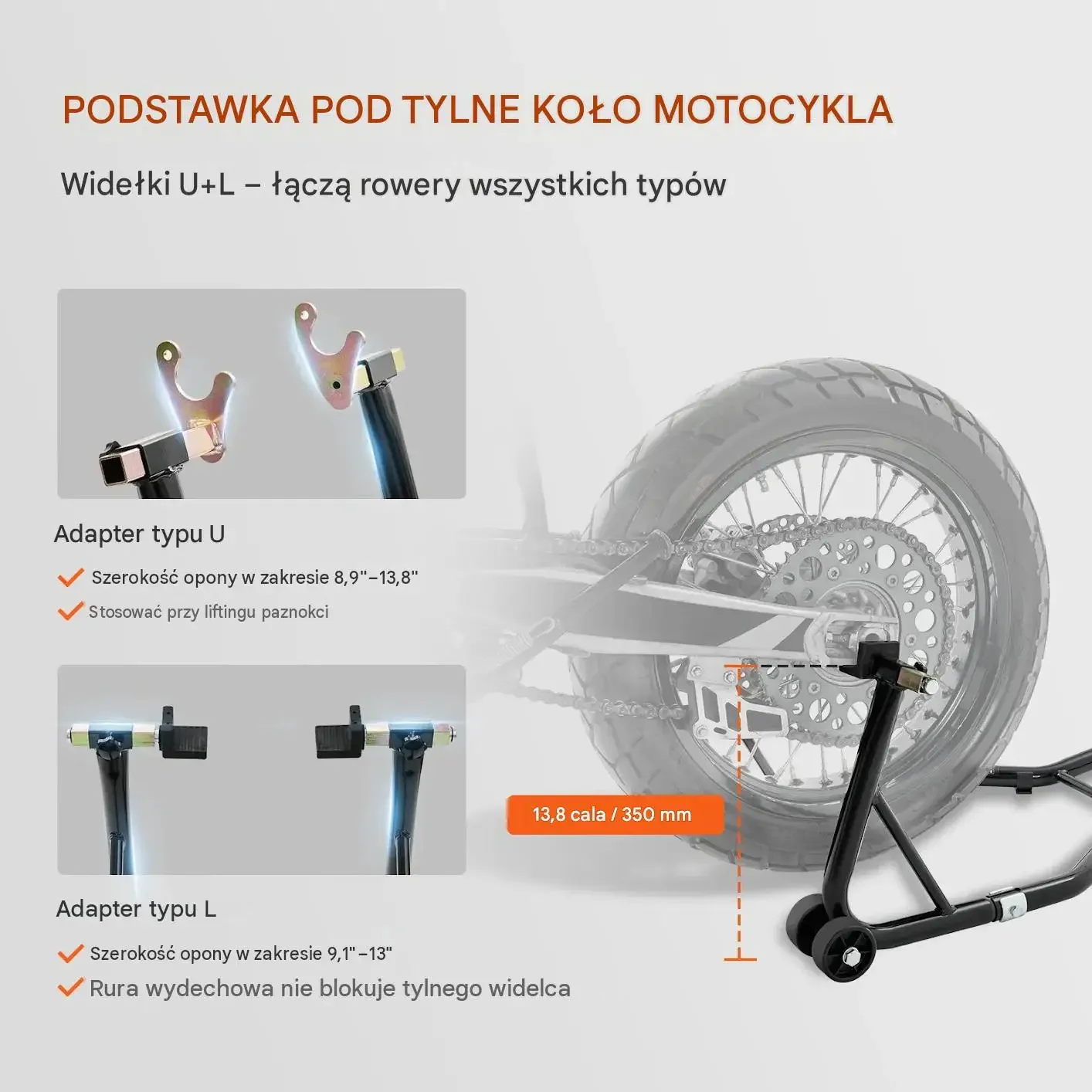 Stojak motocyklowy przód tył czarny mocna stal 390 kg zestaw regulowany U L - obrazek 3