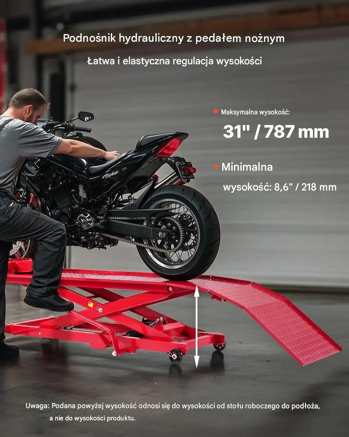 Podnośnik motocyklowy hydrauliczny mocny 453,59 kg 218 787 mm 4 koła stojak - obrazek 6