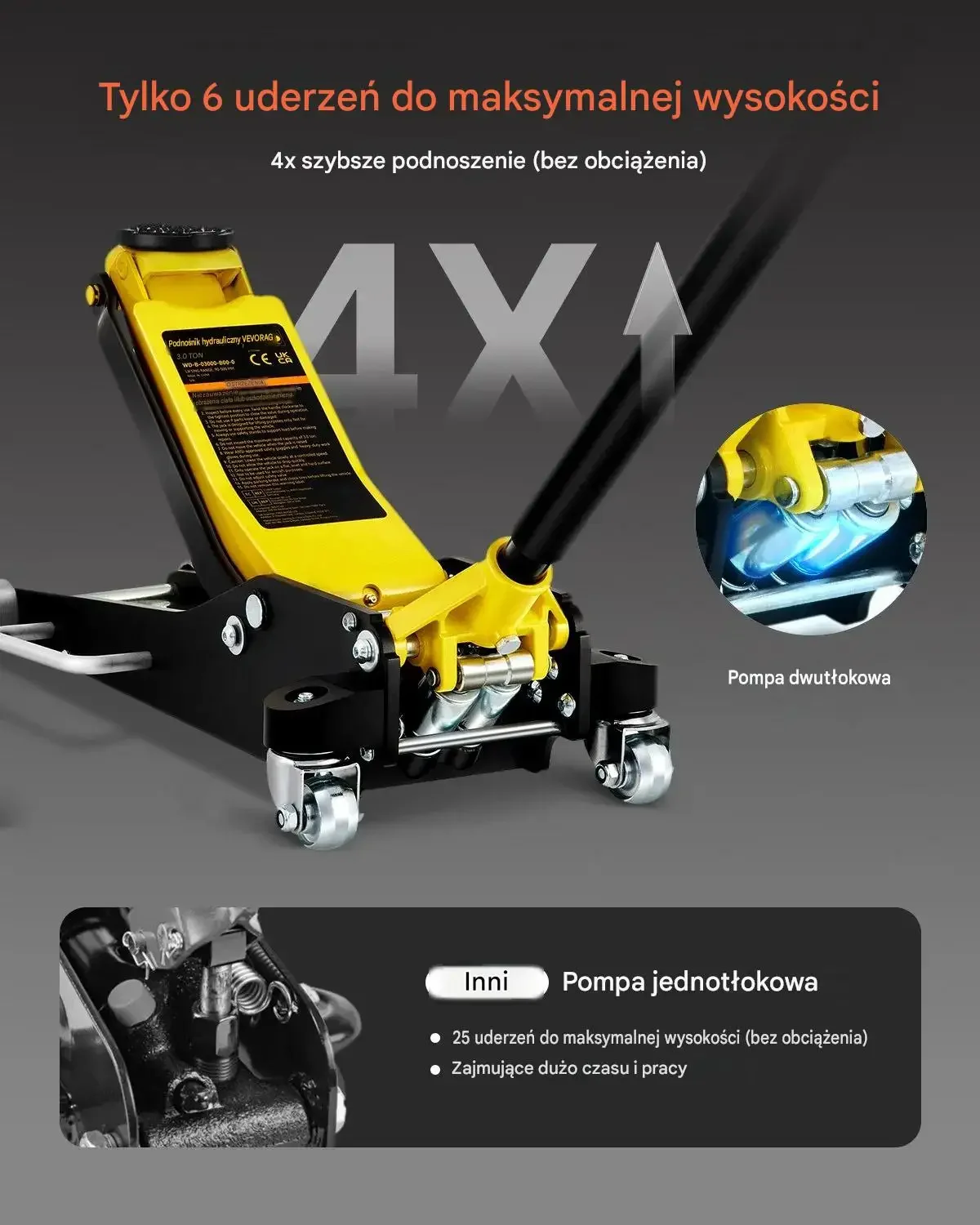 Podnośnik samochodowy hydrauliczny max 3 t premium 90 - 500 mm warsztat - obrazek 6