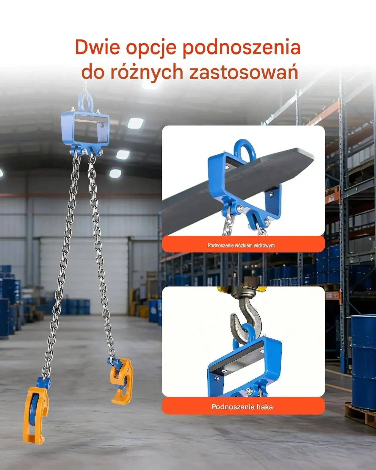 Podnośnik łańcuchowy beczek premium max 1 t G80 stalowy hak stalowe magazyn - obrazek 2