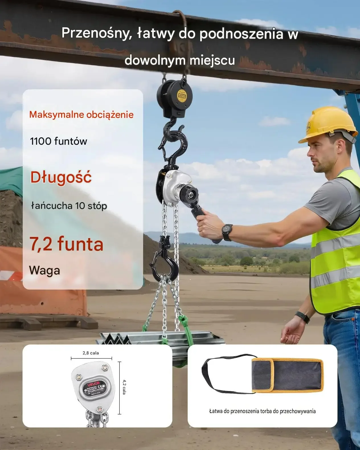 Wciągnik łańcuchowy ręczny premium 1,2 T 3 m G80 hamulec zapadkowy hak 360° - obrazek 6