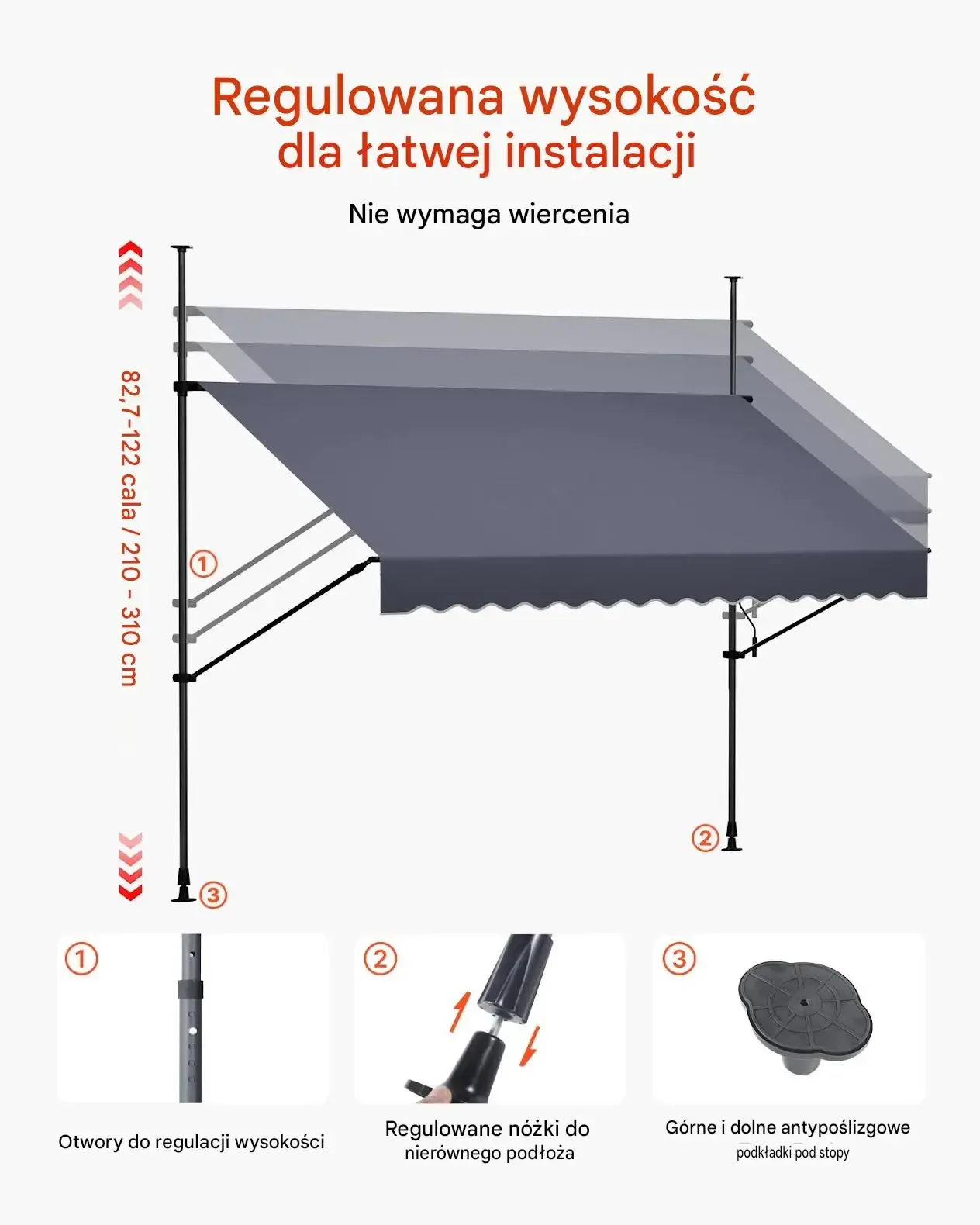 Markiza tarasowa 300 cm clamp regulacja korba UPF 80 ciemnoszara premium UV - obrazek 2