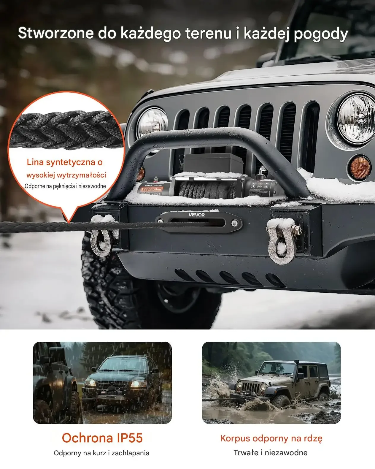 Wyciągarka elektryczna mocna SUV Jeep laweta quad 6100 kg lina syntetyczna - obrazek 3
