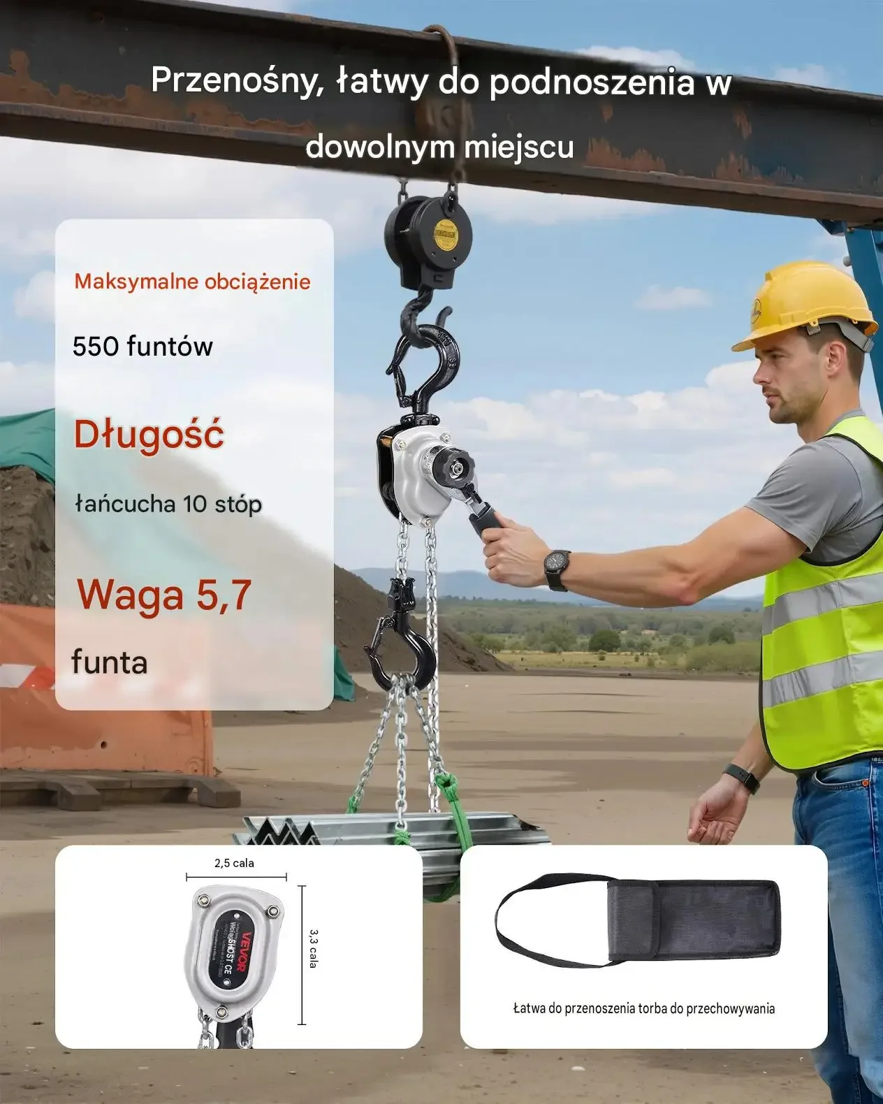 Wciągnik łańcuchowy ręczny premium 0,25 T 3 m G80 hamulec podwójny hak 360° - obrazek 3