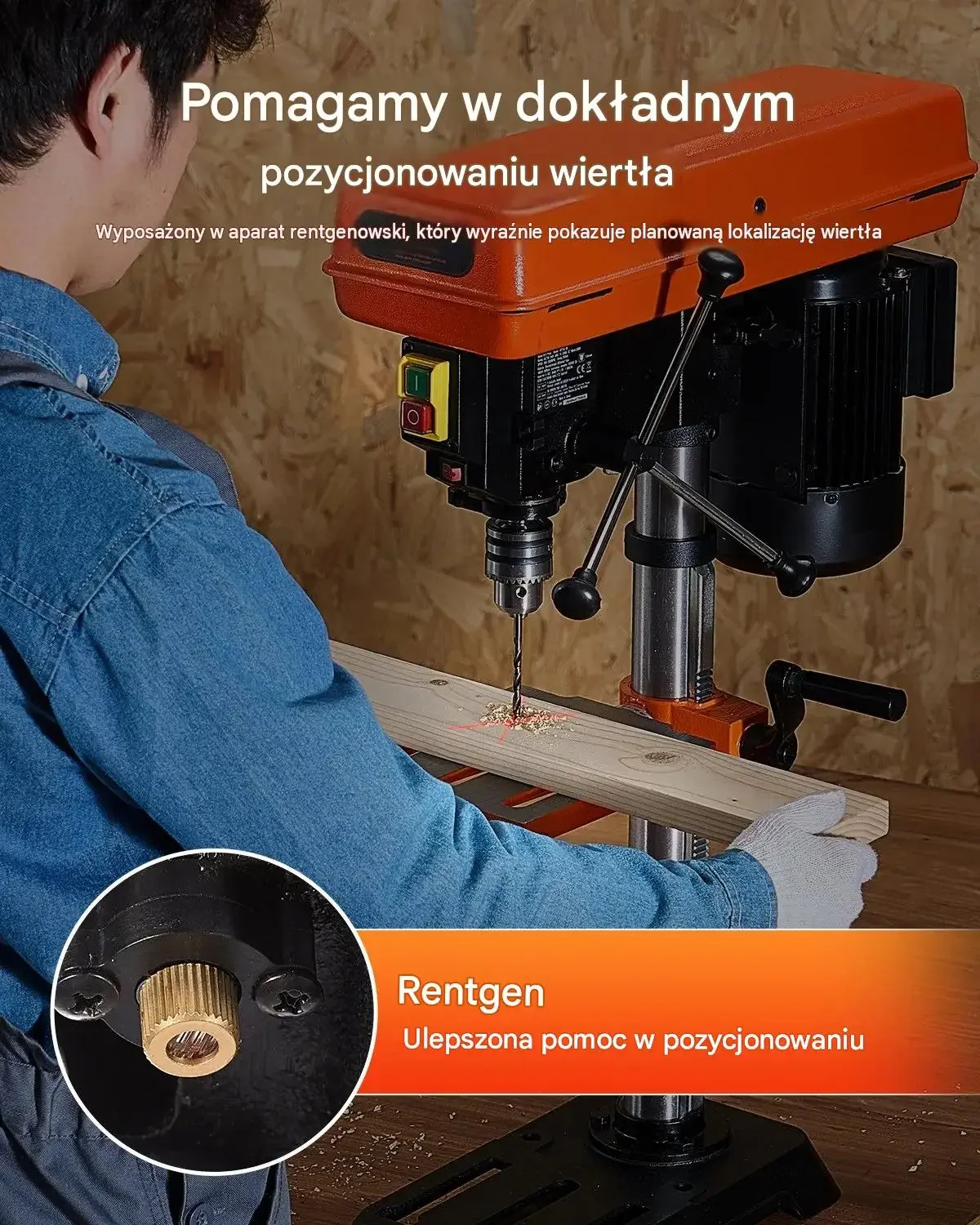 Wiertarka stołowa kolumnowa 254 mm 550 W mocna 5 biegów stół uchylny 45 B16 - obrazek 5