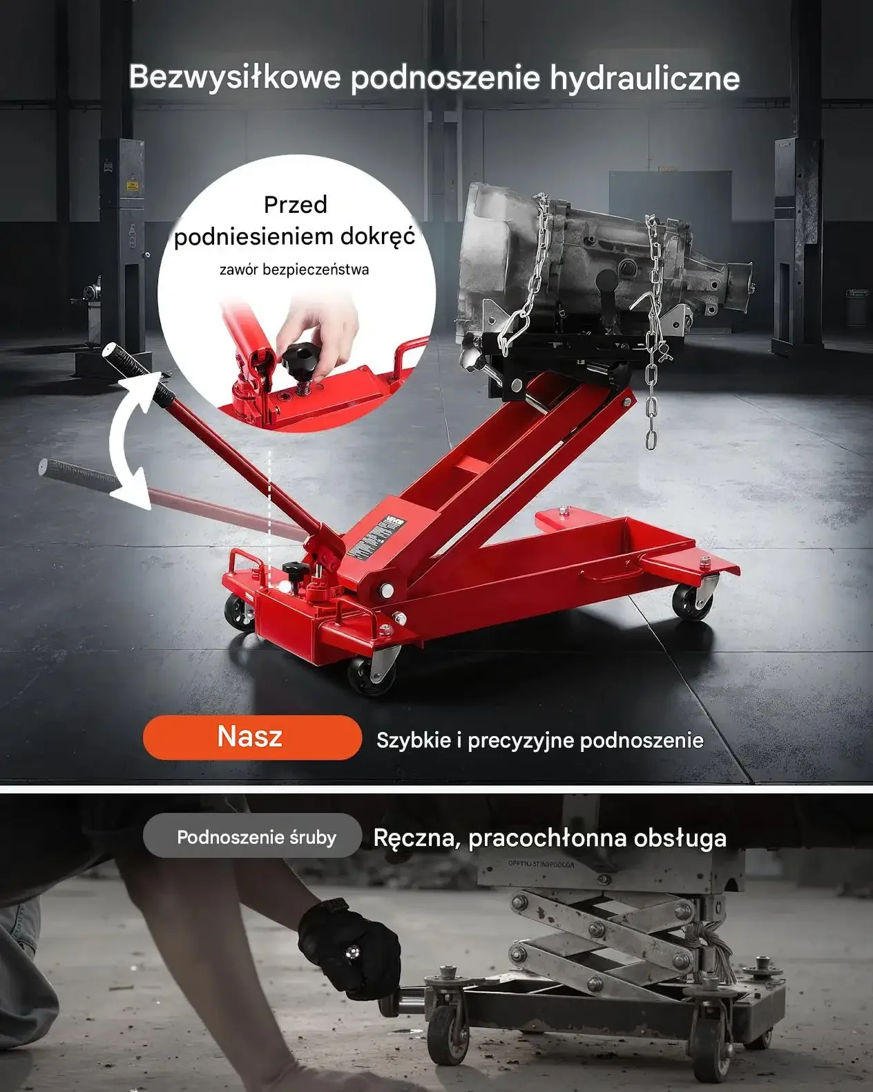 Podnośnik samochodowy 1 t hydrauliczny niski profil premium czerwona 360° - obrazek 3