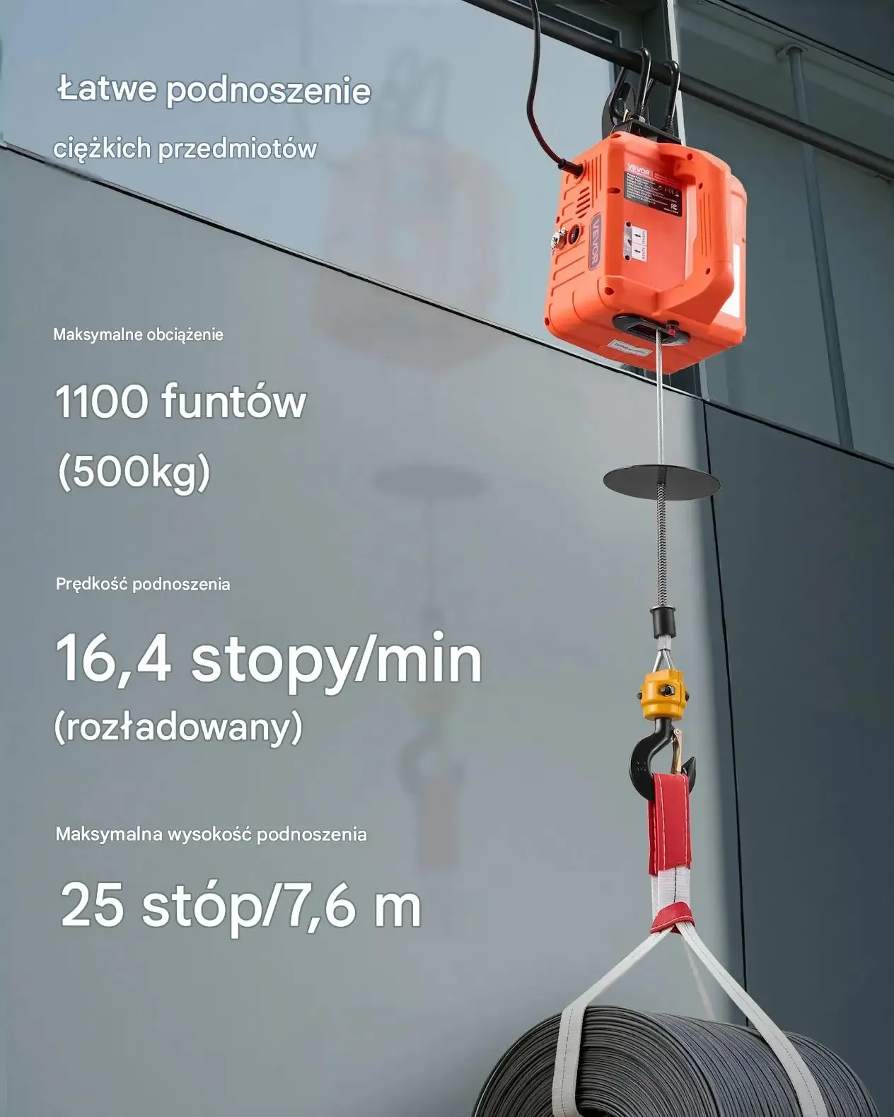 Wciągarka elektryczna mocna 500 kg 1500 W 7,6 m pilot bezprzewodowy 3w1 hak - obrazek 3