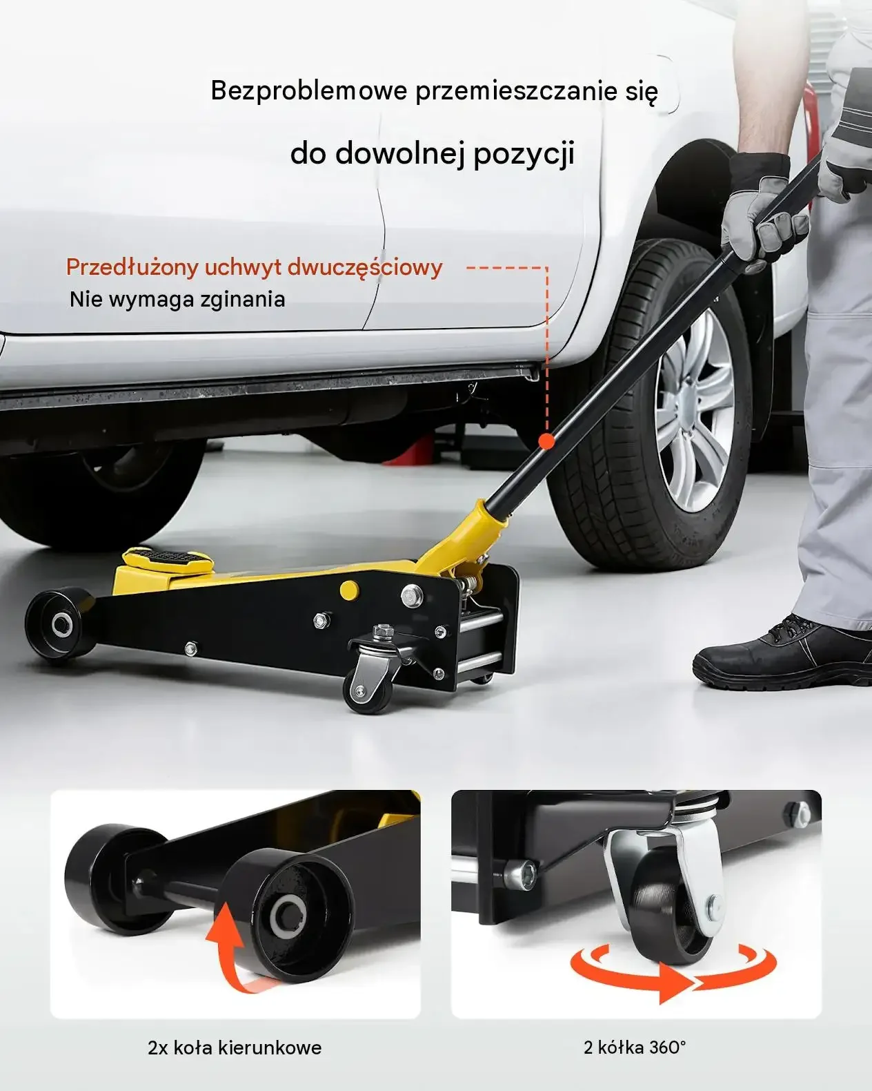 Podnośnik hydrauliczny samochodowy max 3 t czarny premium koła 360 gumowa - obrazek 4