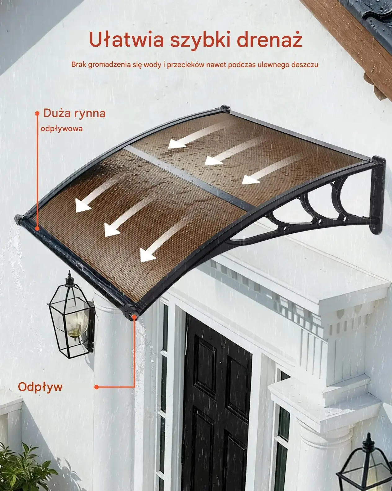 Daszek nad drzwi markiza brązowa premium poliwęglan 96,5 x 101,7 cm odpływ - obrazek 4