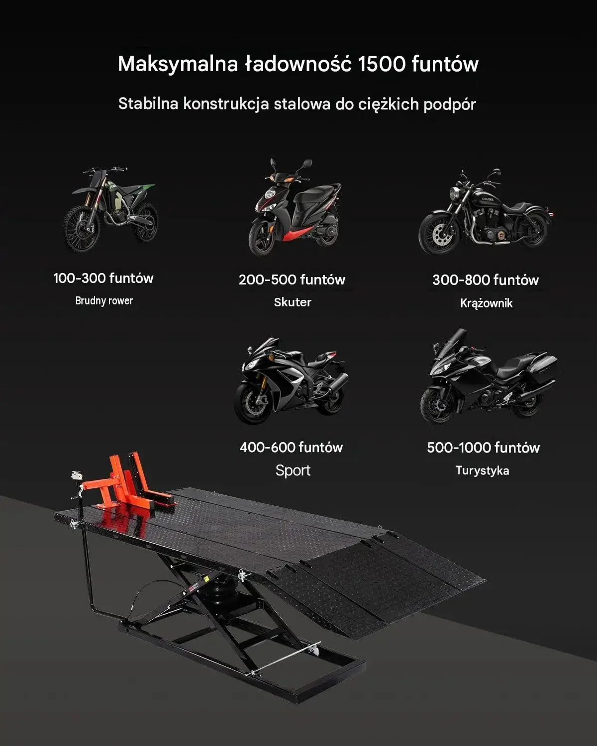 Podnośnik motocyklowy mocna konstrukcja pneumatyczna zakres 178 - 940 mm - obrazek 4